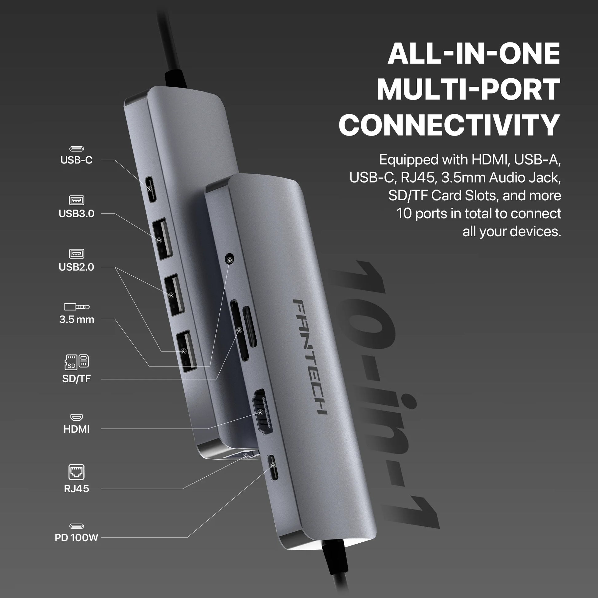 Fantech hc101 converter usb hub type c 10 in 1 - cables & chargers | charging cables & adapters