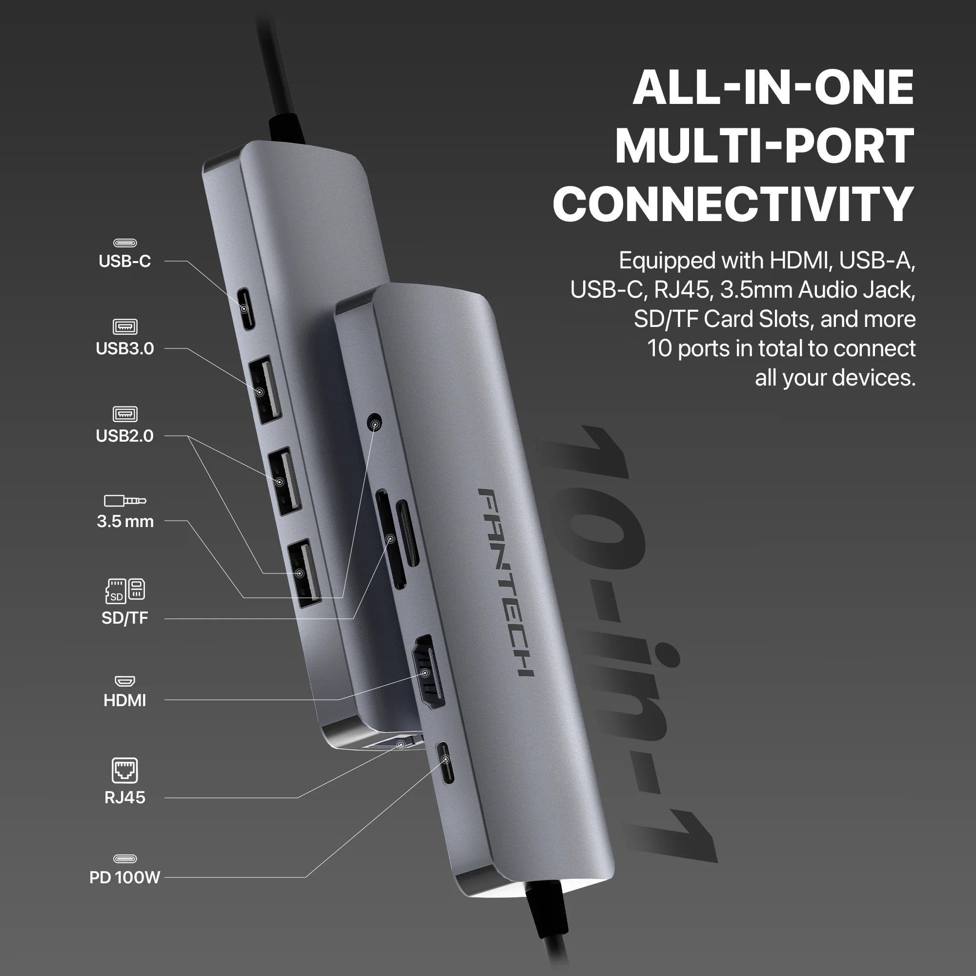 Fantech hc101 converter usb hub type c 10 in 1 - cables & chargers | charging cables & adapters