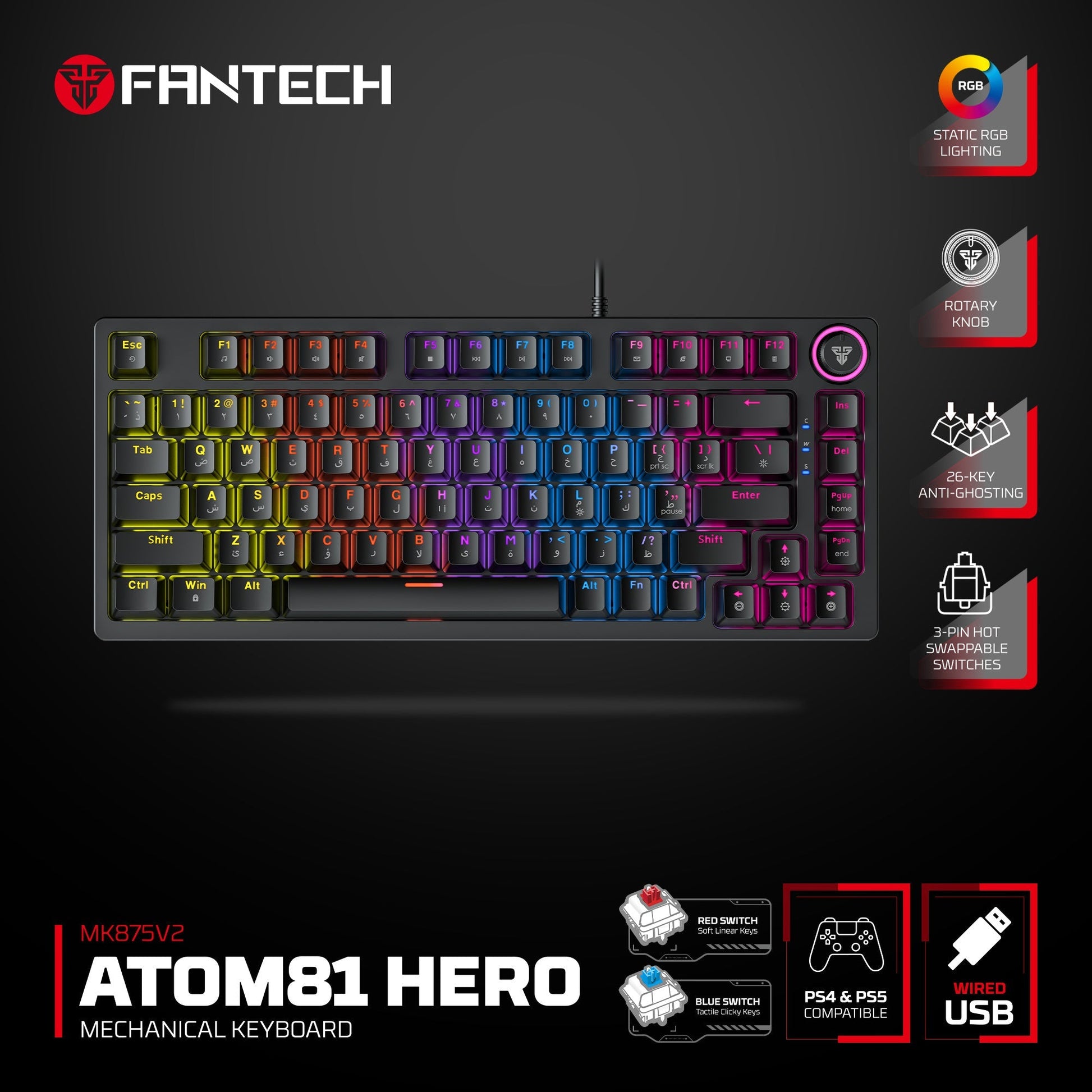 Fantech Hero Mk875v2 Gaming Keyboard Rgb (ps5 - Ps4 - Pc)