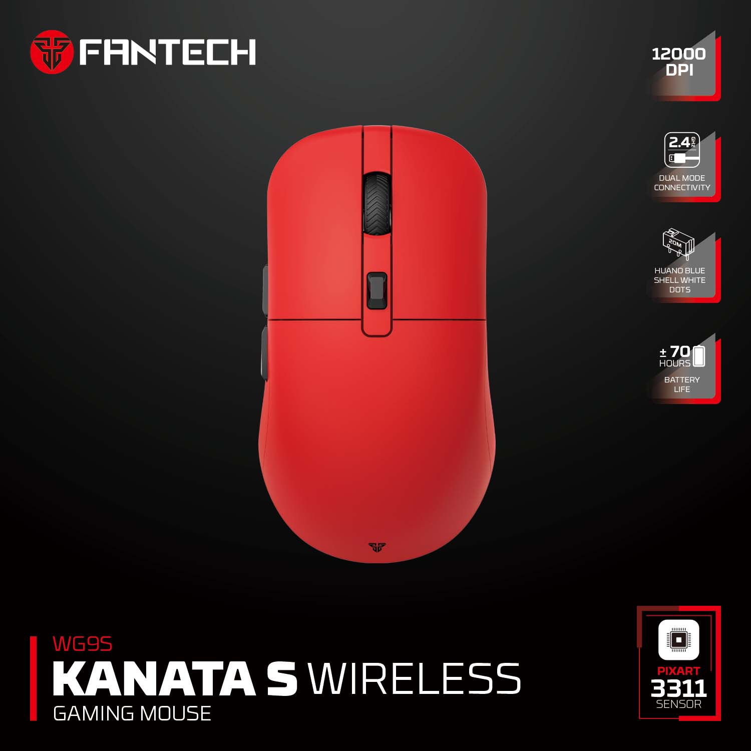 Fantech Kanata s Wg9s Wireless Gaming Mouse - Red - Gameonjo