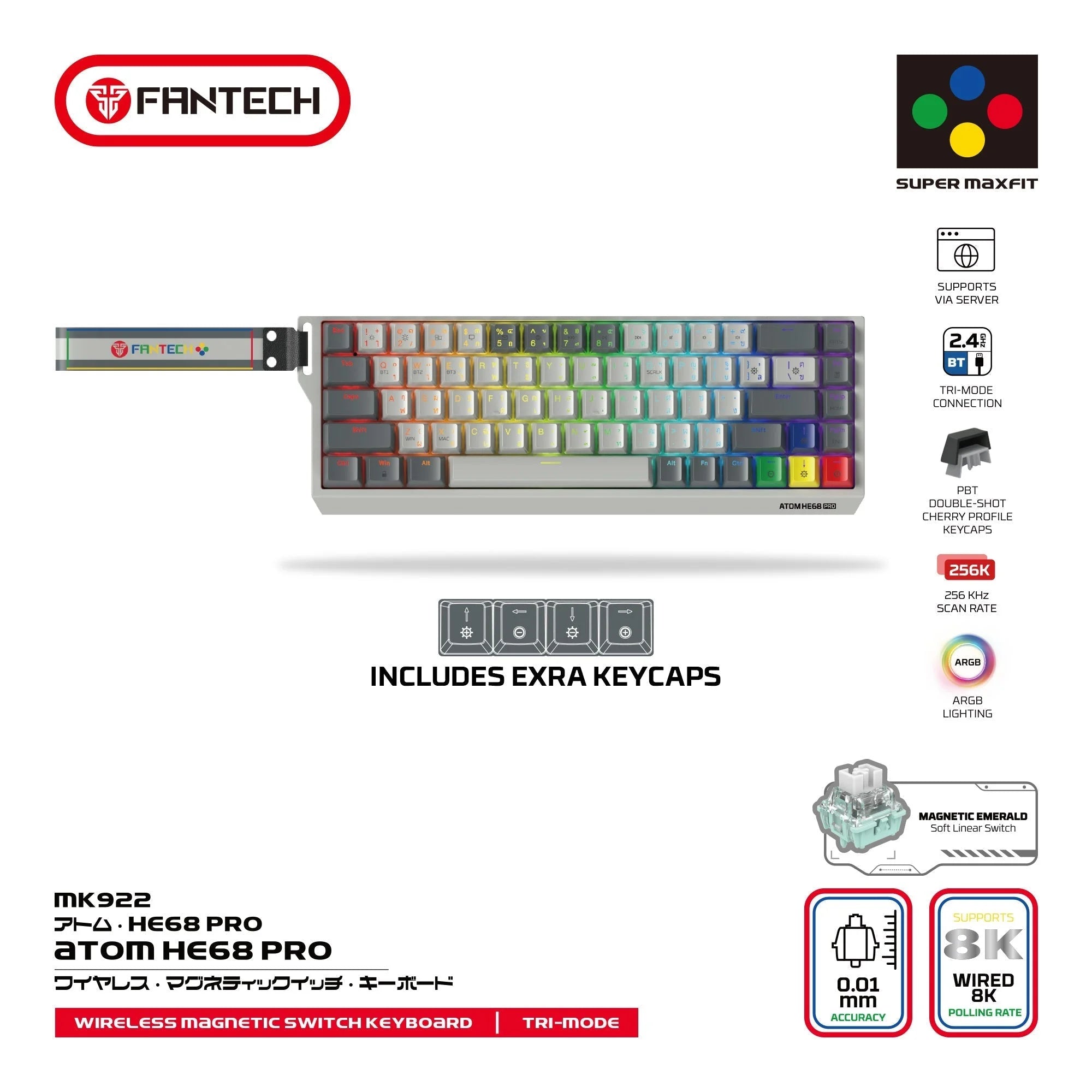 Fantech keyboard atom he68 mk922 magnetic switch 8000 hz – gray