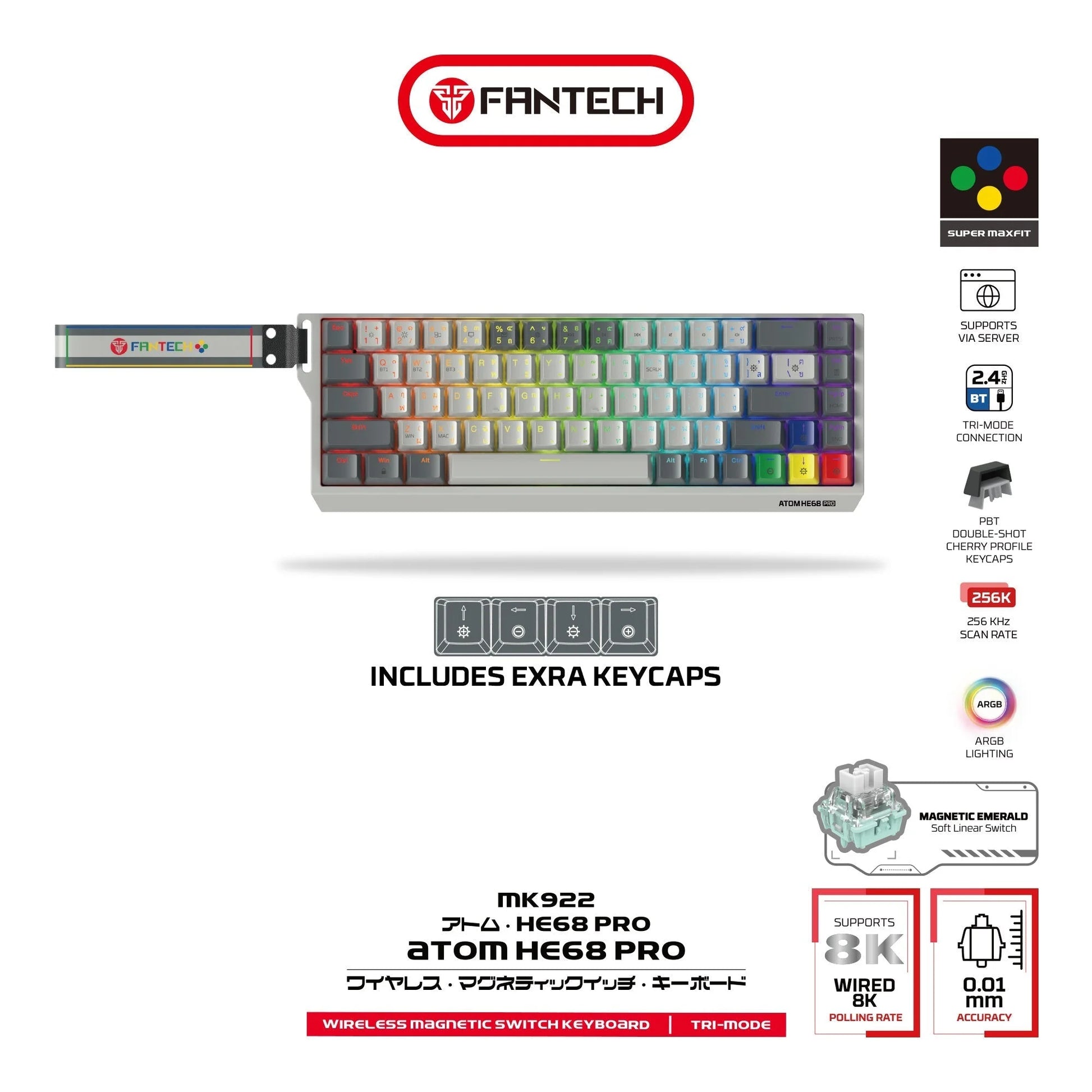 Fantech keyboard atom he68 mk922 magnetic switch 8000 hz – gray