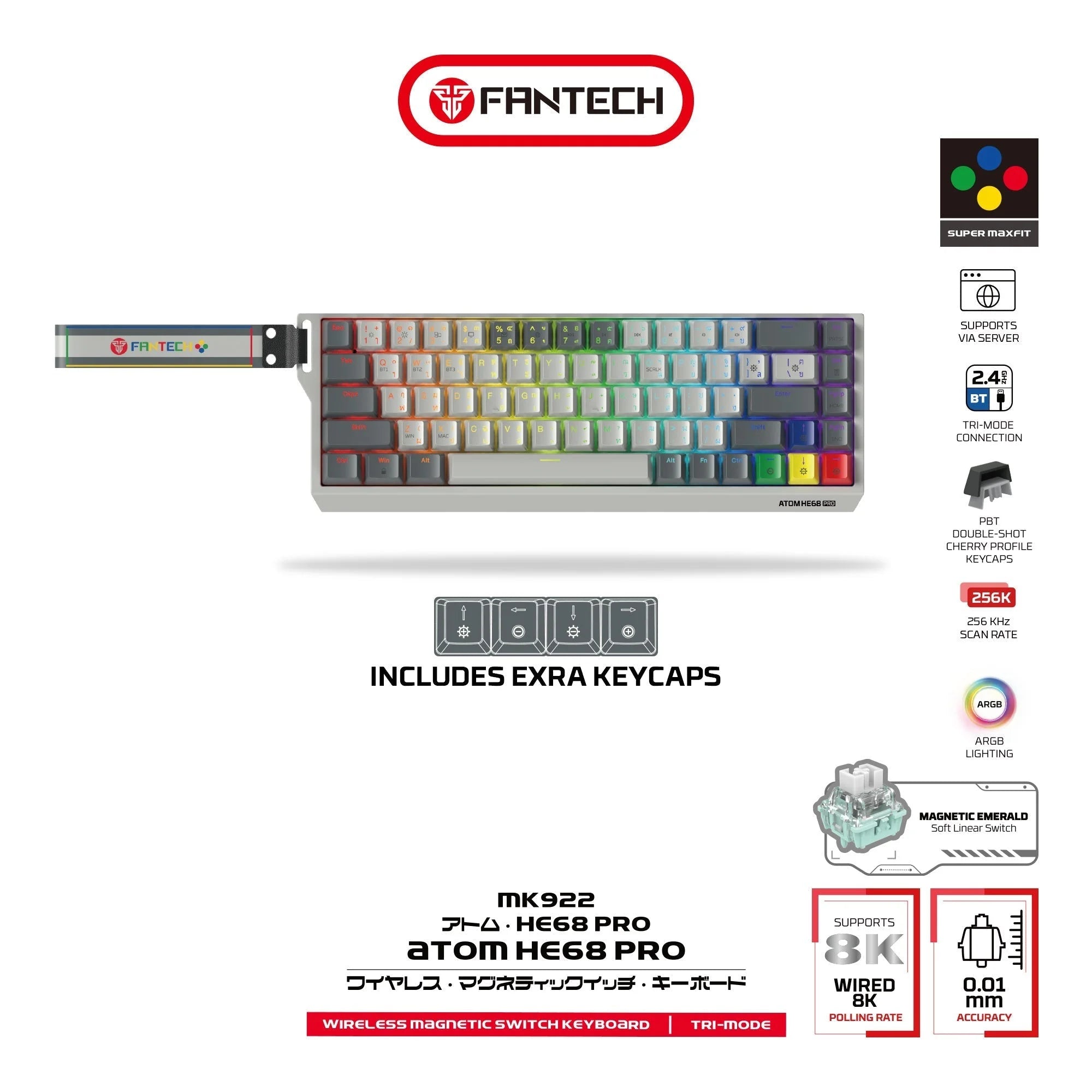 Fantech keyboard atom he68 mk922 magnetic switch 8000 hz – gray