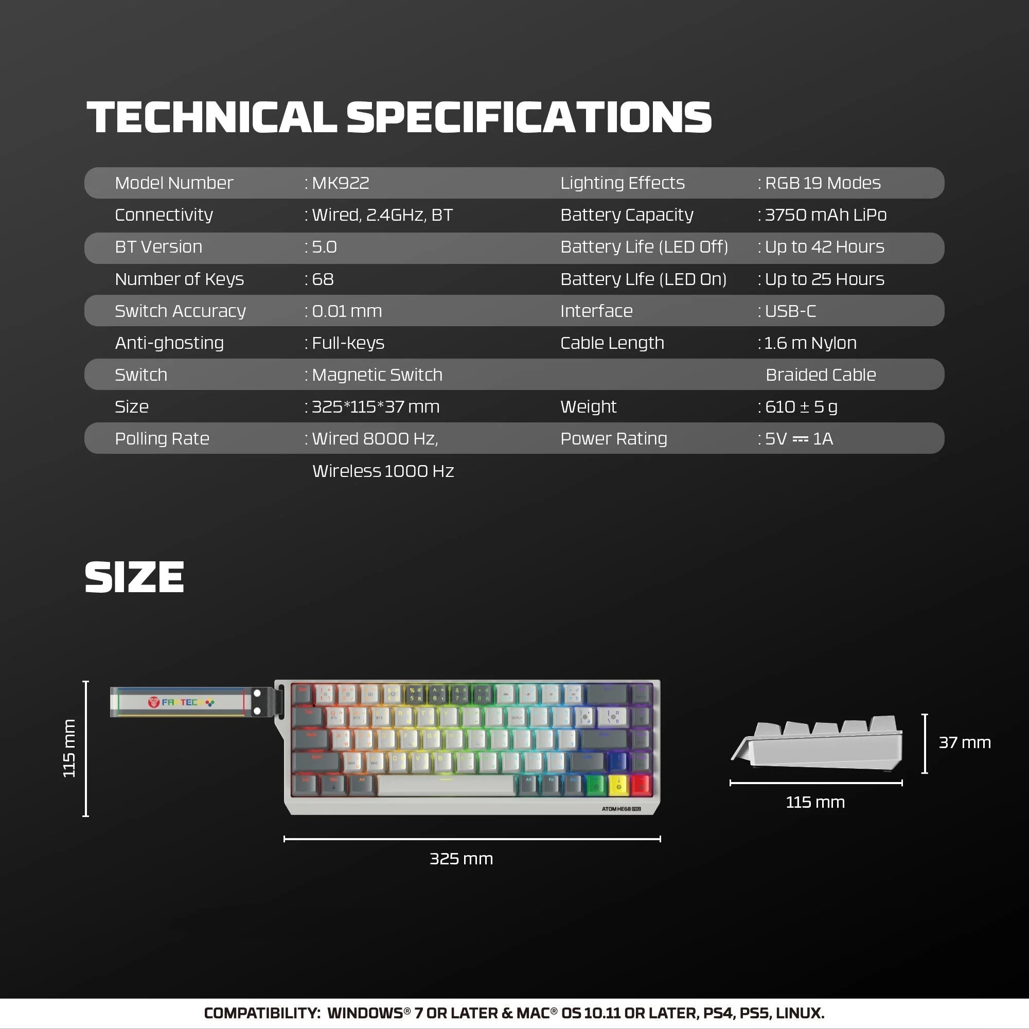 Fantech keyboard atom he68 mk922 magnetic switch 8000 hz – gray