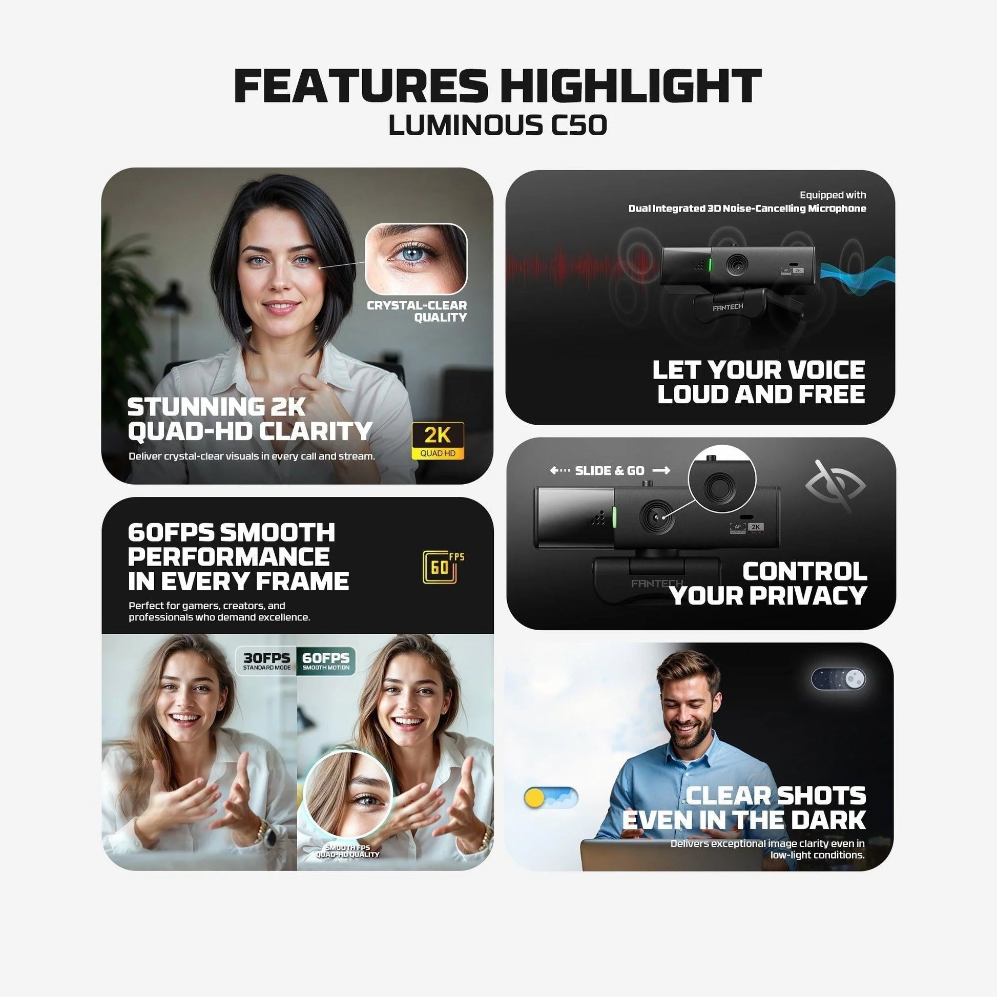 Fantech luminous c50 quad high-definition webcam 2k - streaming