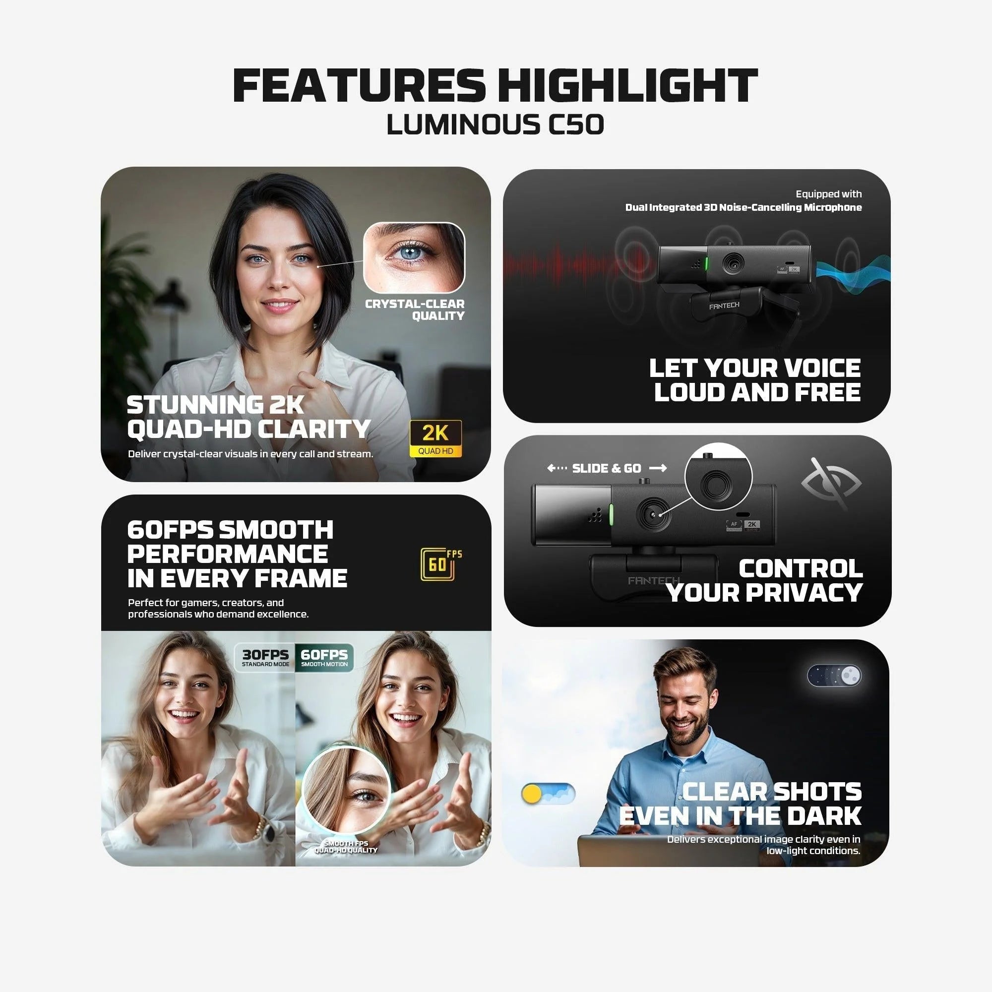 Fantech luminous c50 quad high-definition webcam 2k - streaming
