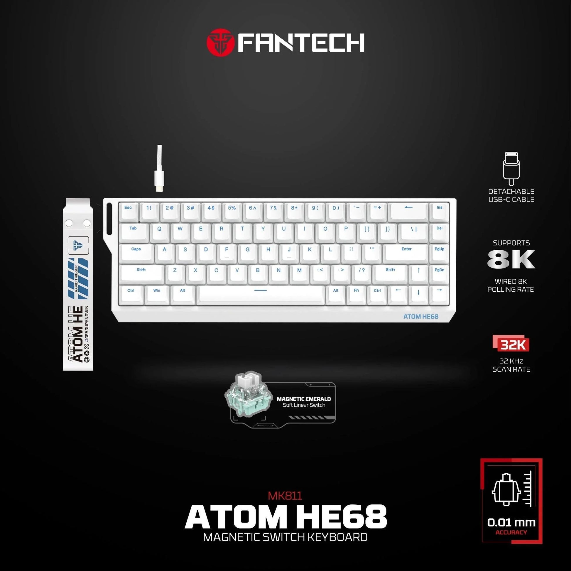 Fantech magnetic switch keyboard atom he68 series mk811,white - keyboard