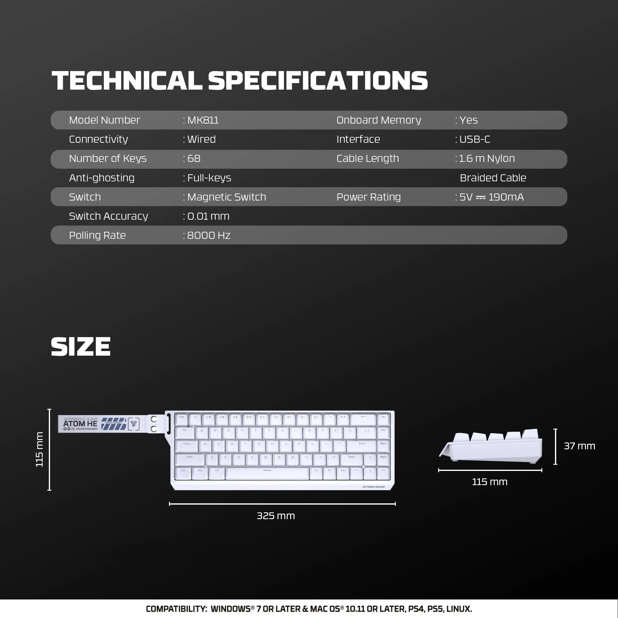 Fantech magnetic switch keyboard atom he68 series mk811,white - keyboard