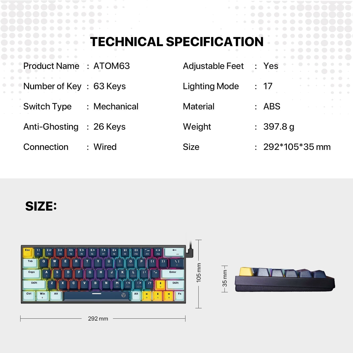 Fantech Mk874 V2 Atom 63 Hot Swappable Mechanical Keyboard Navy Blue - Gameonjo