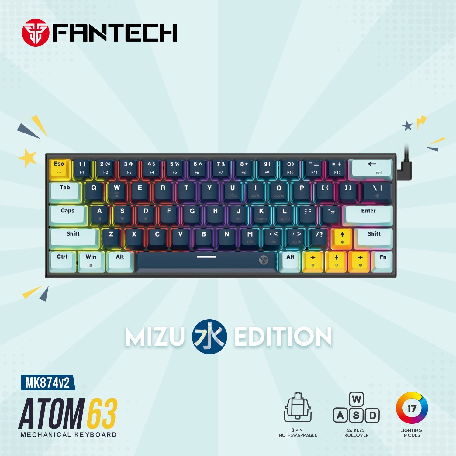 Fantech Mk874 V2 Atom 63 Hot Swappable Mechanical Keyboard Navy Blue - Gameonjo