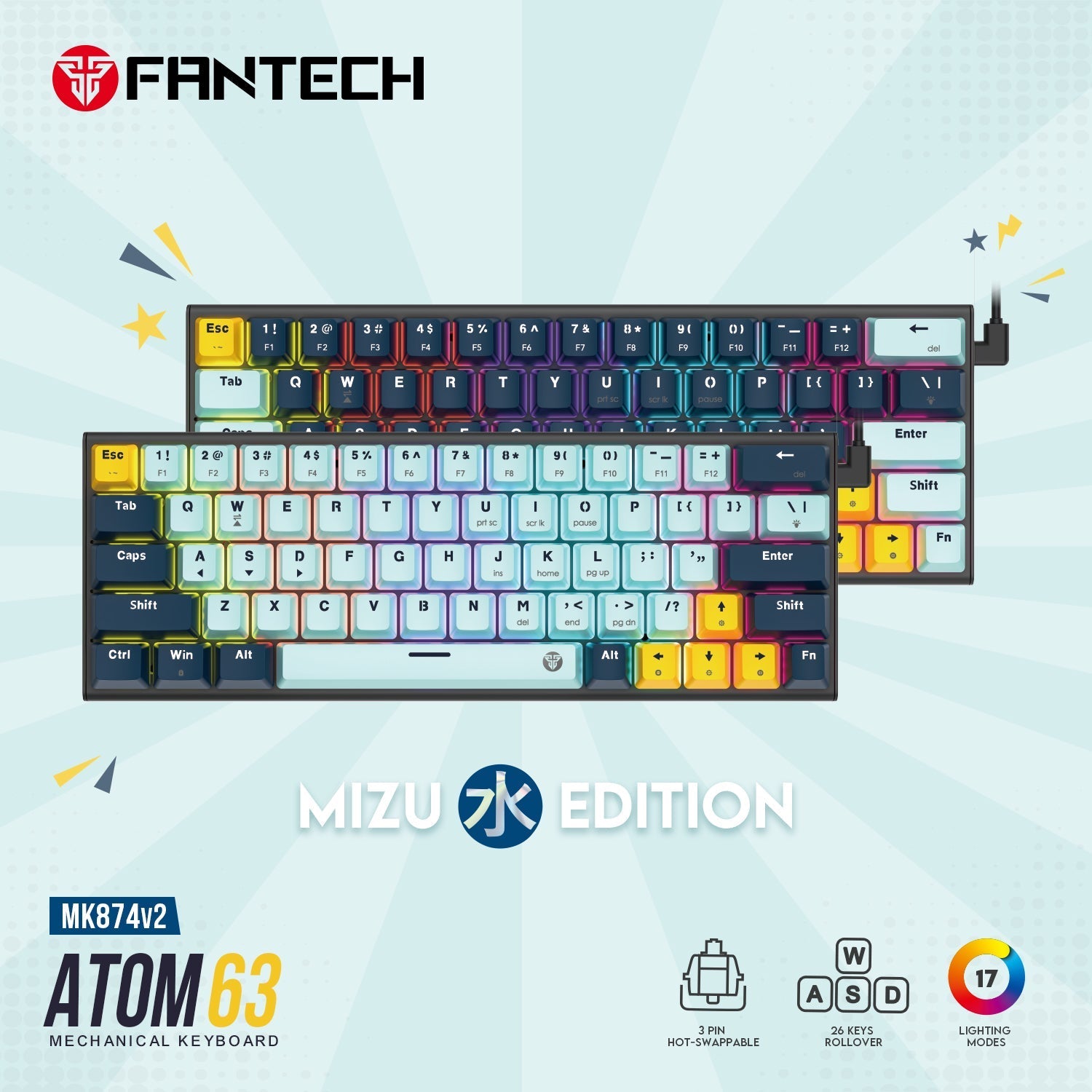 Fantech Mk874 V2 Atom 63 Hot Swappable Mechanical Keyboard Sky Blue - Gameonjo
