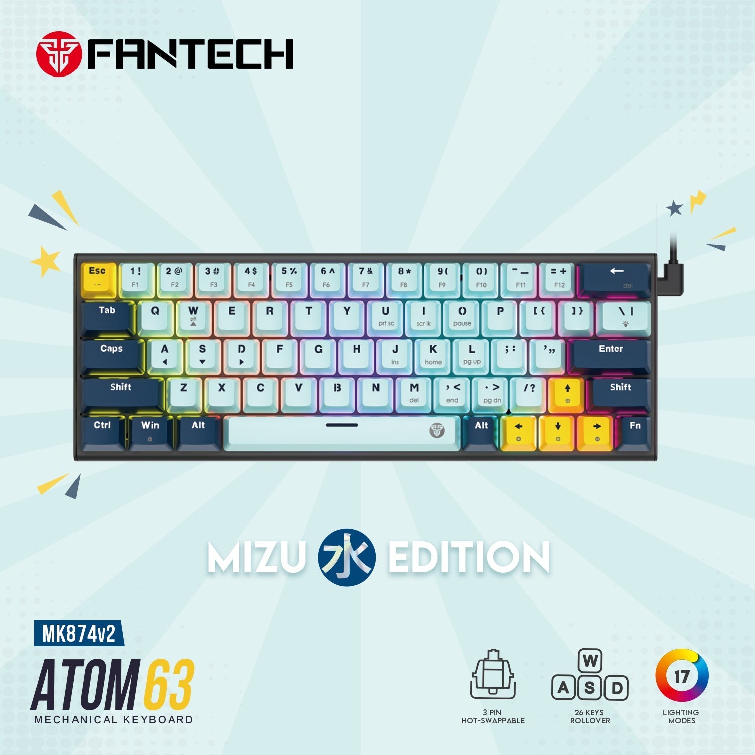 Fantech Mk874 V2 Atom 63 Hot Swappable Mechanical Keyboard Sky Blue - Gameonjo