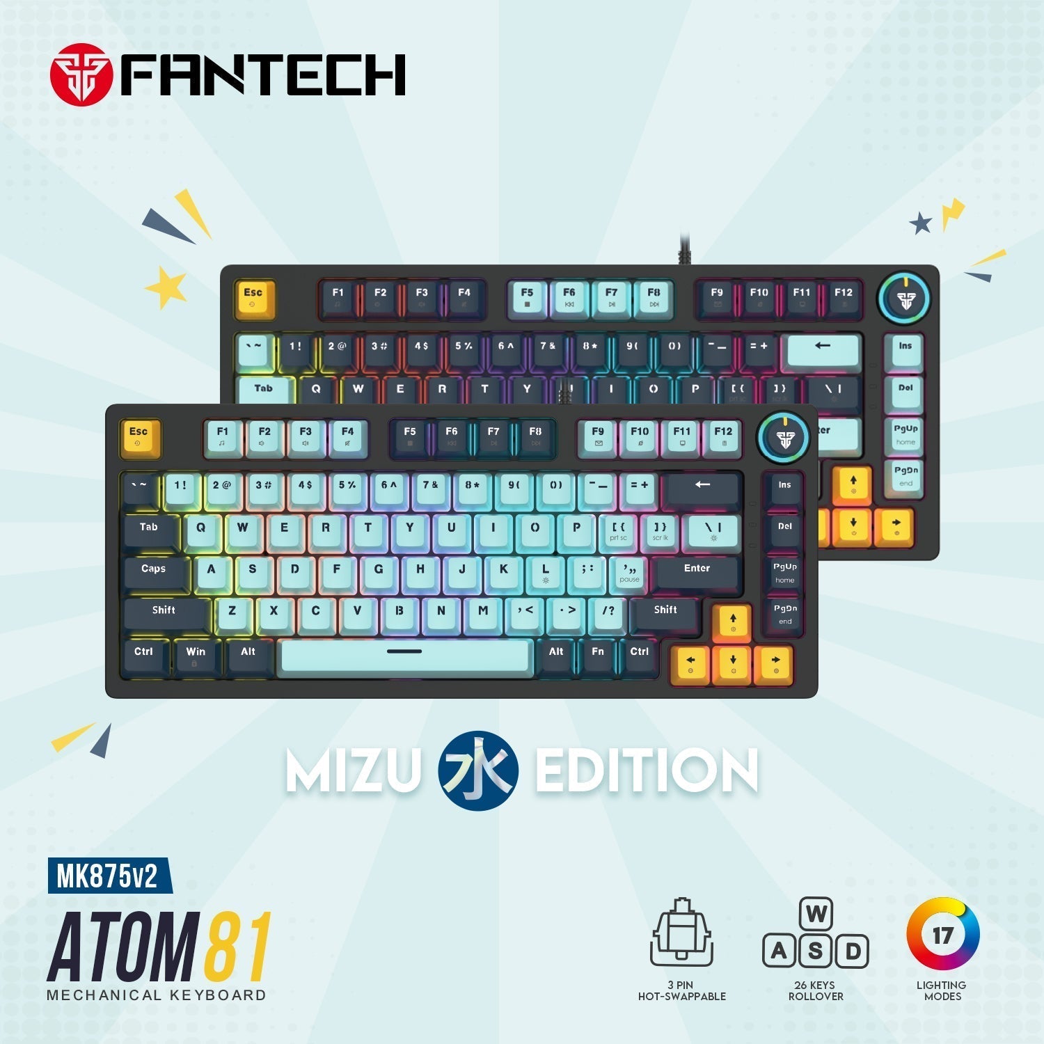 Fantech Mk875v2 Atom 81 Rgb Mechanical Gaming Keyboard Mizu Edition Navy Blue - Gameonjo