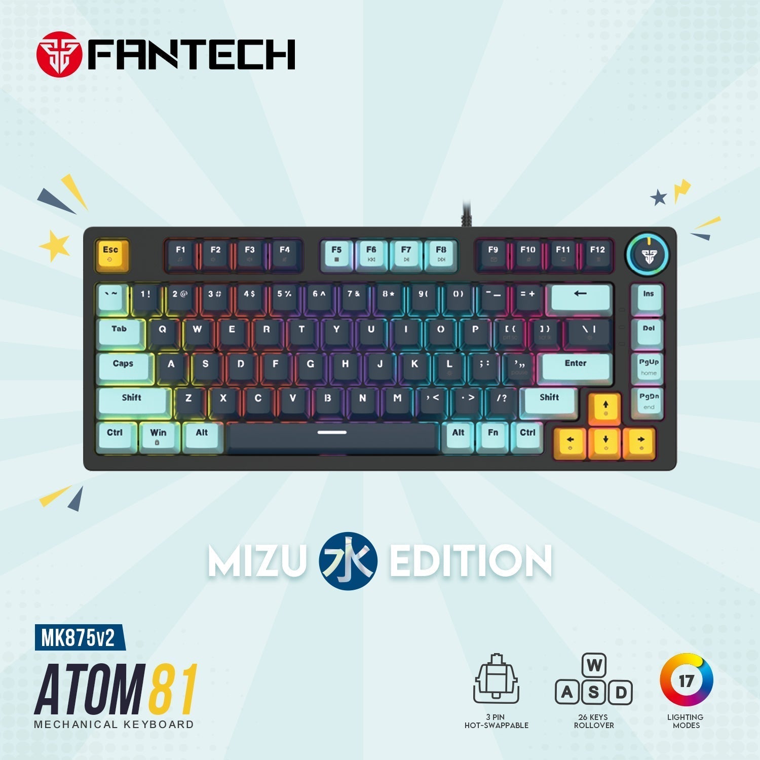 Fantech Mk875v2 Atom 81 Rgb Mechanical Gaming Keyboard Mizu Edition Navy Blue - Gameonjo