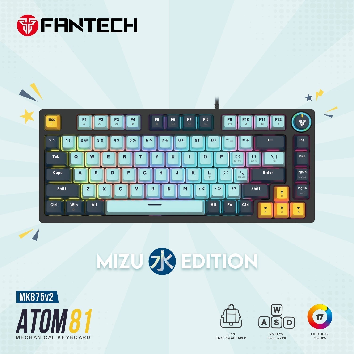 Fantech Mk875v2 Atom 81 Rgb Mechanical Gaming Keyboard Mizu Edition Sky Blue - Gameonjo