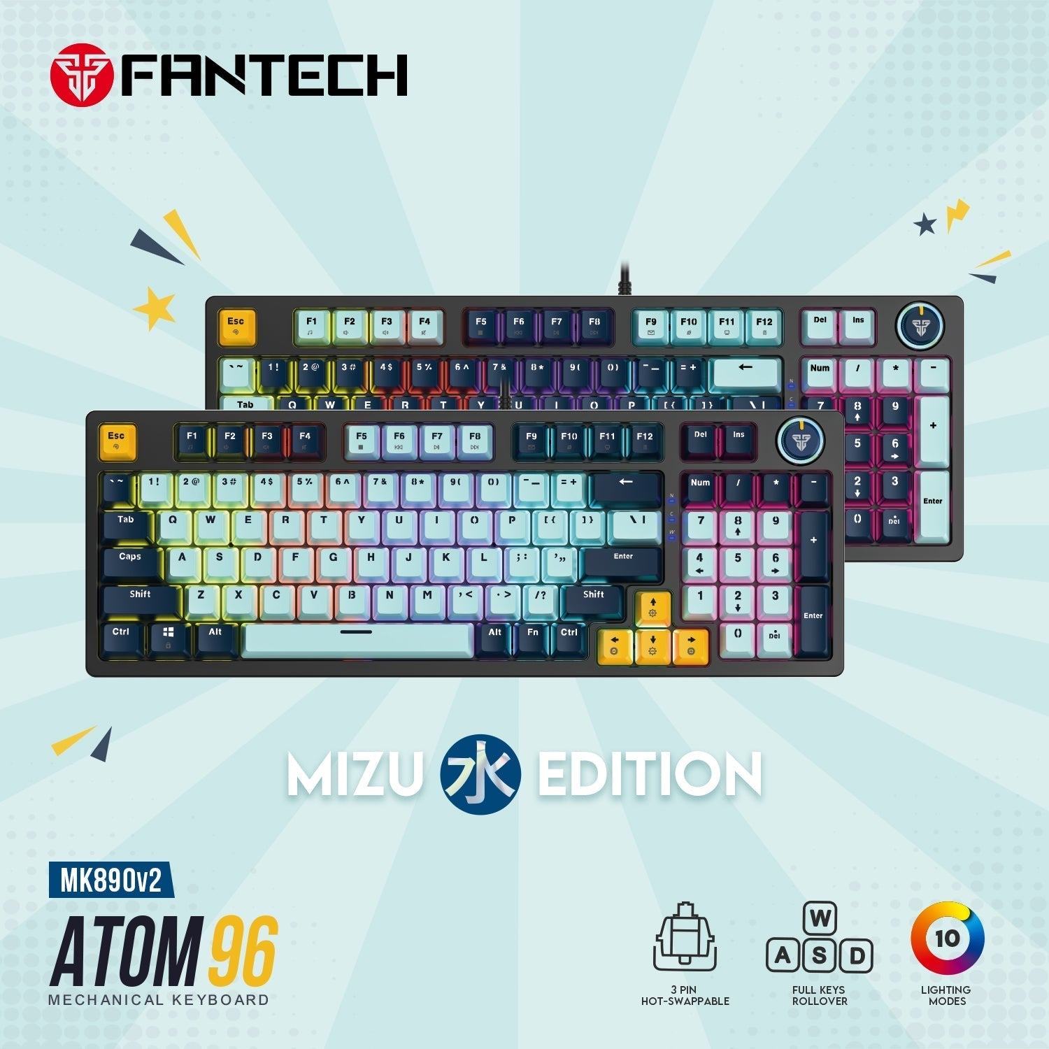 Fantech Mk890v2 Atom 96 Rgb Mechanical Gaming Keyboard Mizu Edition Sky Blue - Gameonjo