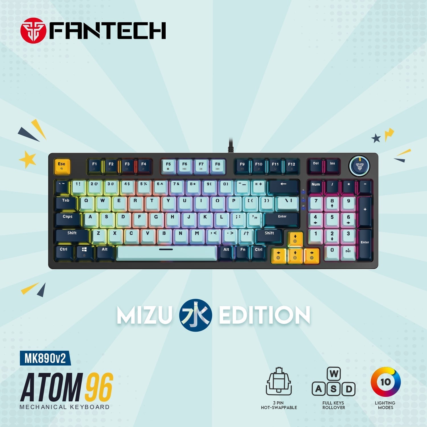 Fantech Mk890v2 Atom 96 Rgb Mechanical Gaming Keyboard Mizu Edition Sky Blue - Gameonjo