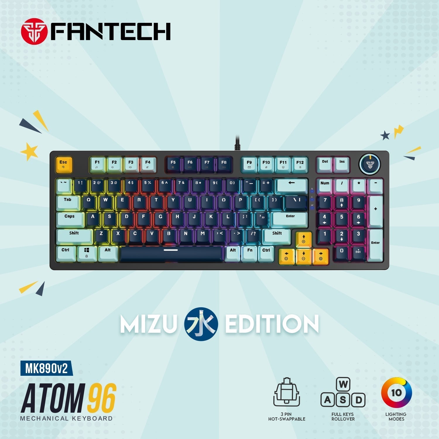 Fantech Mk890v2 Atom 96 Rgb Mechanical Gaming Keyboard Mizu Edition Navy Blue - Gameonjo