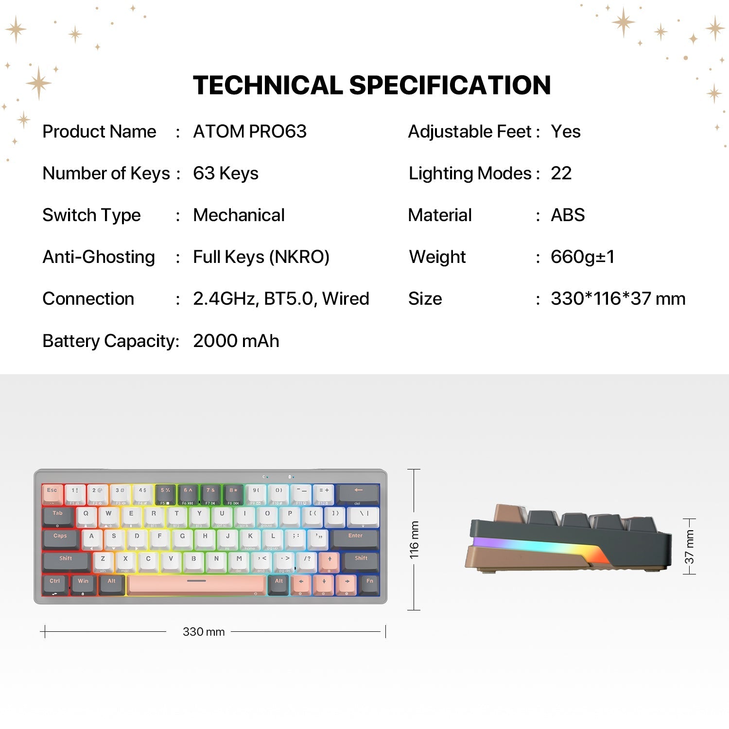 Fantech Mk912 Atom Pro63 Rgb Bluetooth, Wireless Gaming Keyboard Saturn - Gameonjo