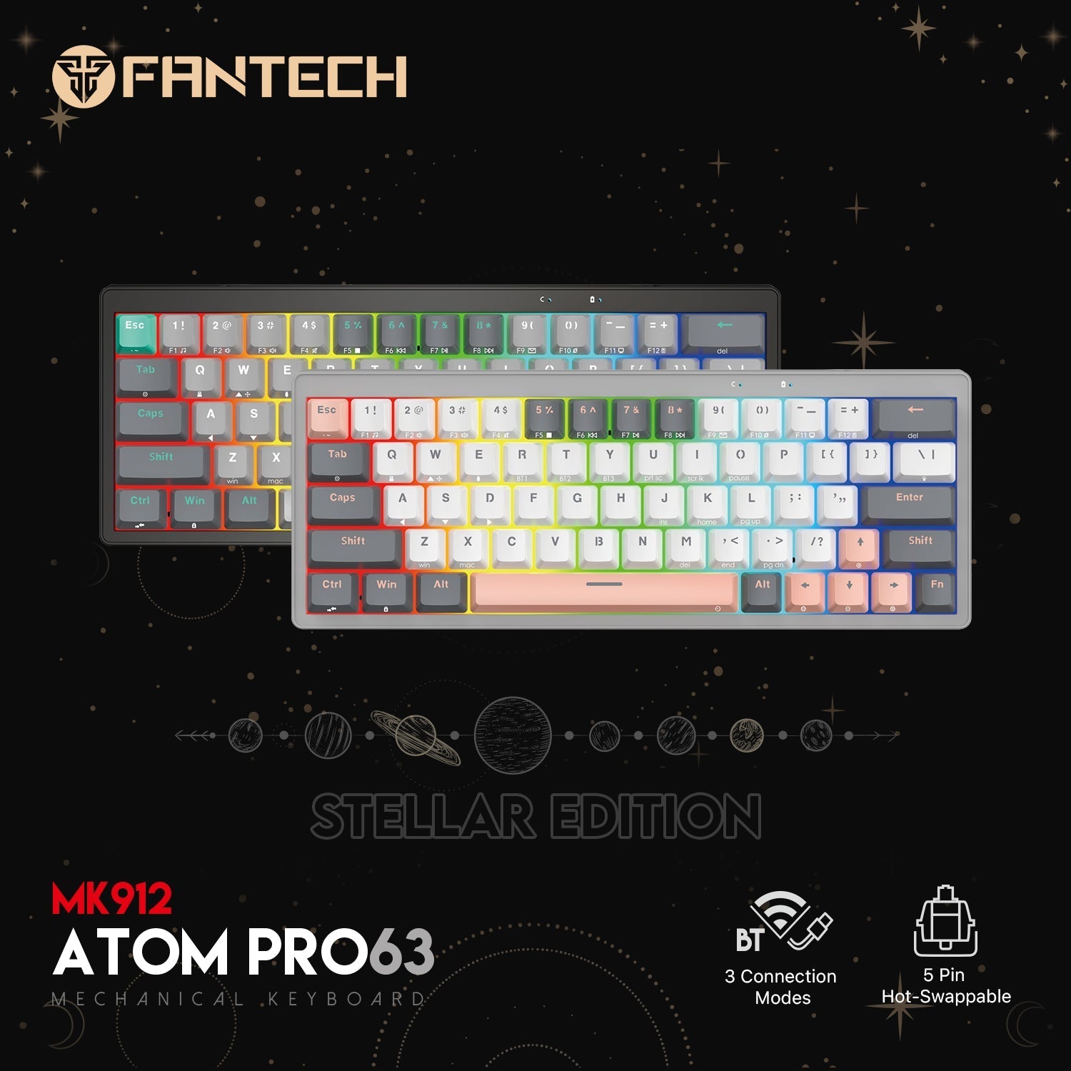 Fantech Mk912 Atom Pro63 Rgb Bluetooth, Wireless Gaming Keyboard Saturn - Gameonjo