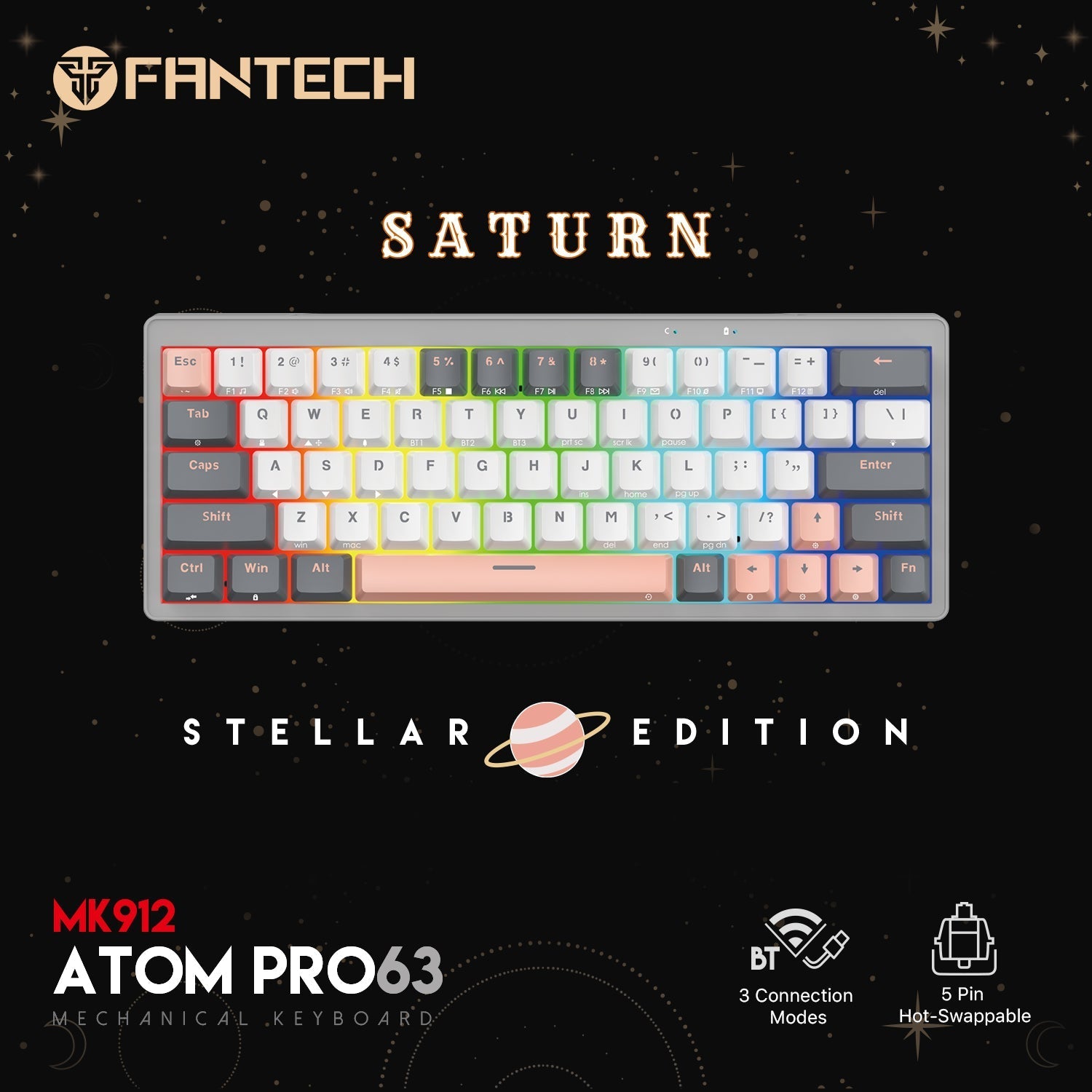Fantech Mk912 Atom Pro63 Rgb Bluetooth, Wireless Gaming Keyboard Saturn - Gameonjo