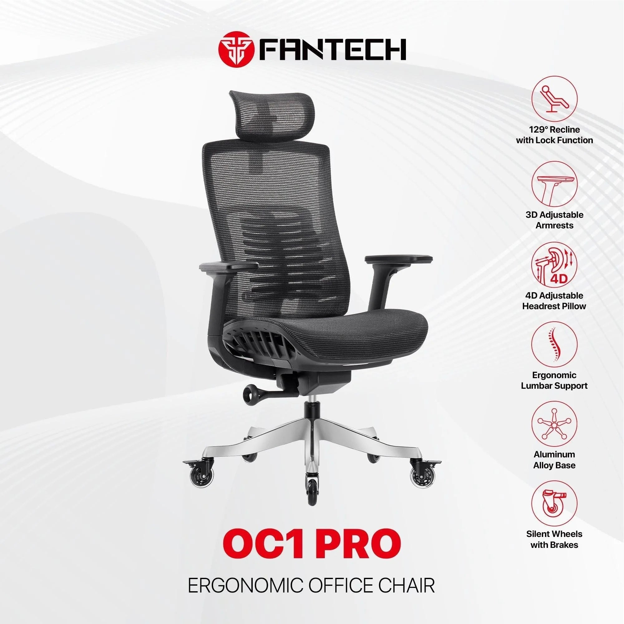 Fantech oc1 pro ergonomic office chair black - desk & chair