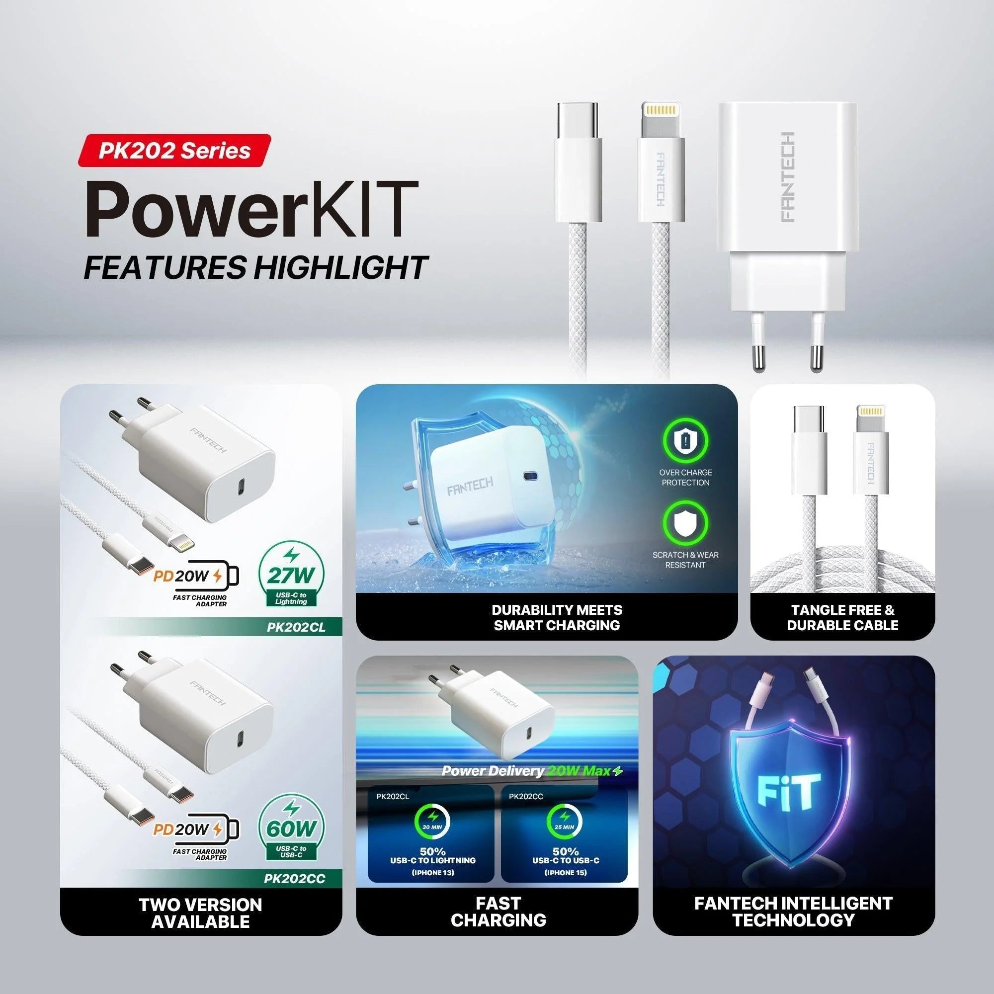 Fantech pk202 20w fast charging plug usb c braided cable power iphone - cables & chargers | mobile essential