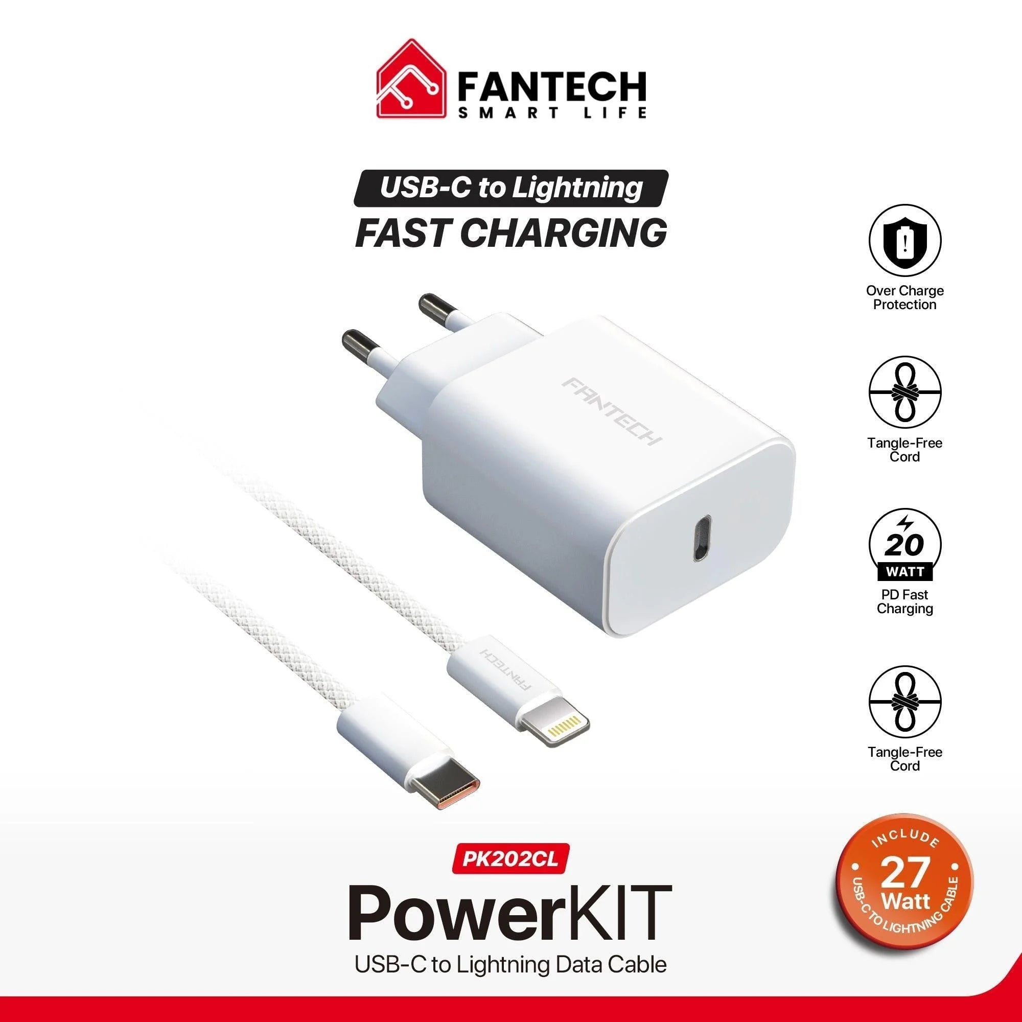 Fantech pk202 20w fast charging plug usb c braided cable power iphone - cables & chargers | mobile essential