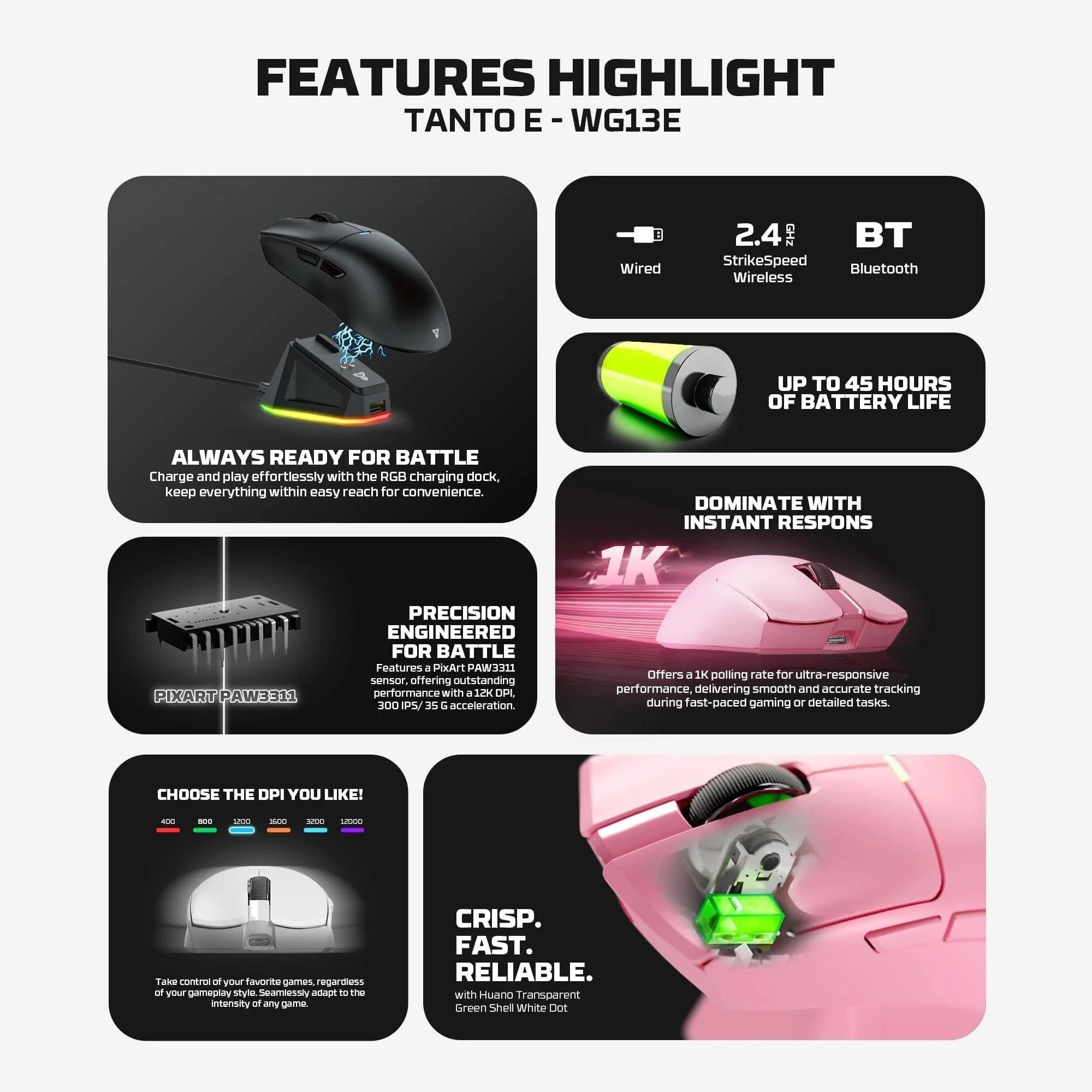 Fantech tantoe wg13e wireless mouse three-mode switching and magnetic black - mouse