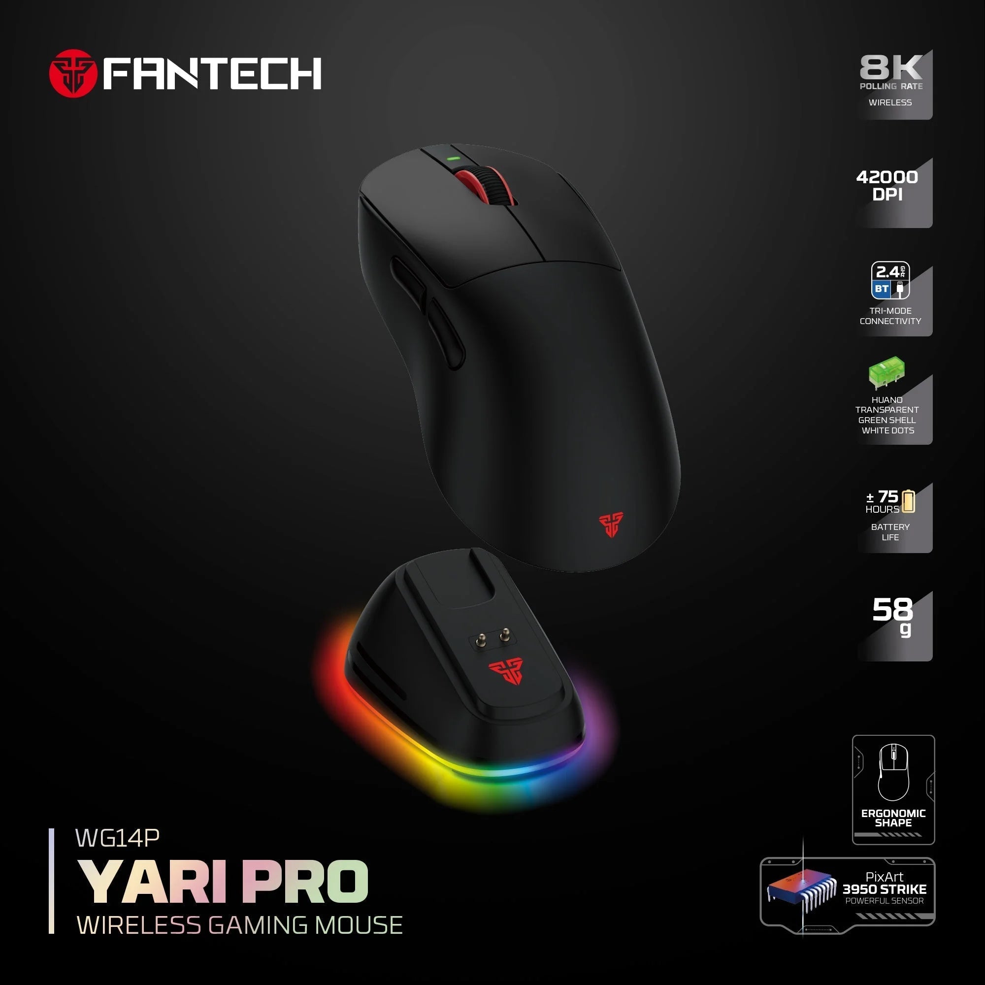 Fantech wg14p lightweight wireless gaming mouse paw3950 sensor 8khz polling mice with rgb charging dock for fps gamers