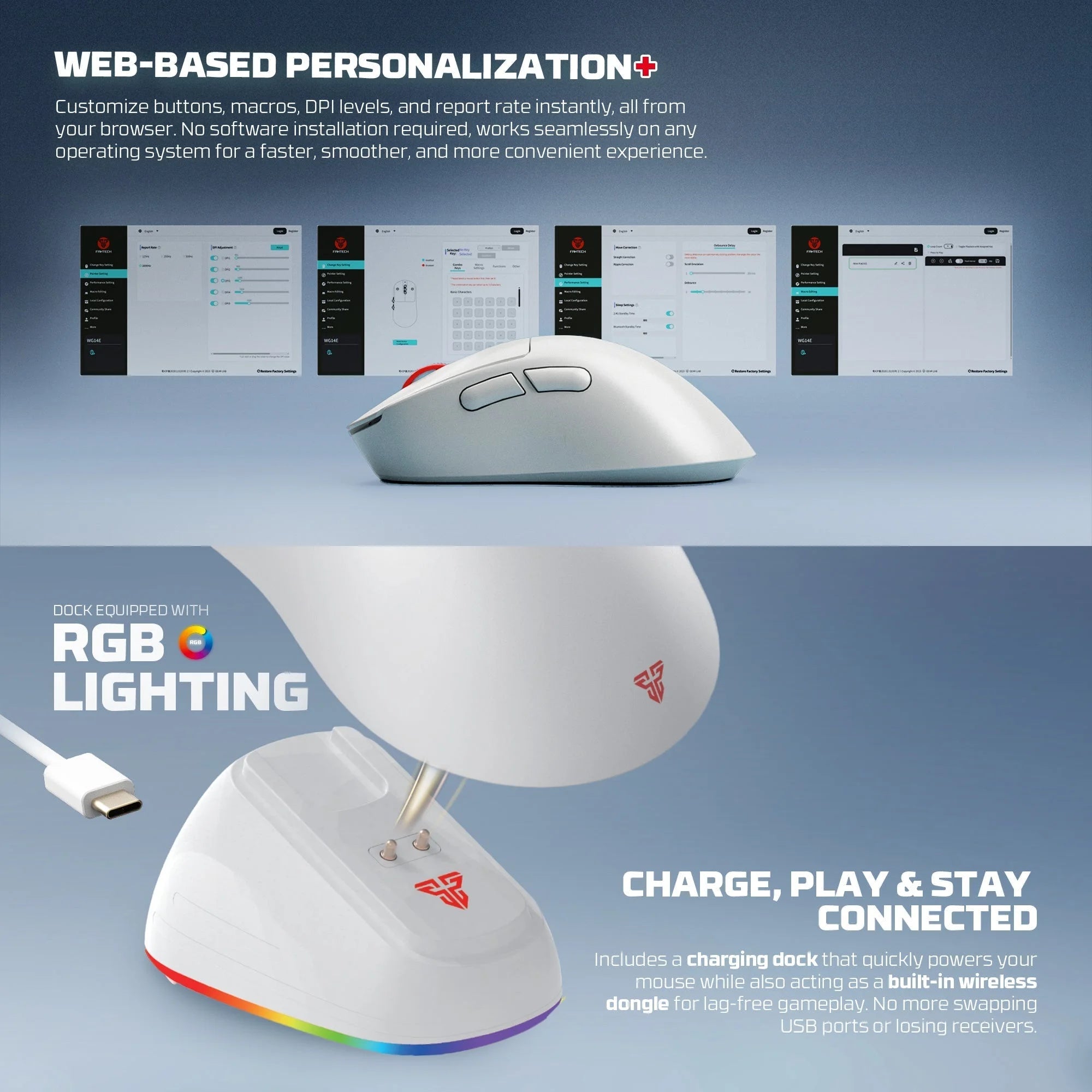 Fantech wg14p lightweight wireless gaming mouse paw3950 sensor 8khz polling mice with rgb charging dock for fps gamers