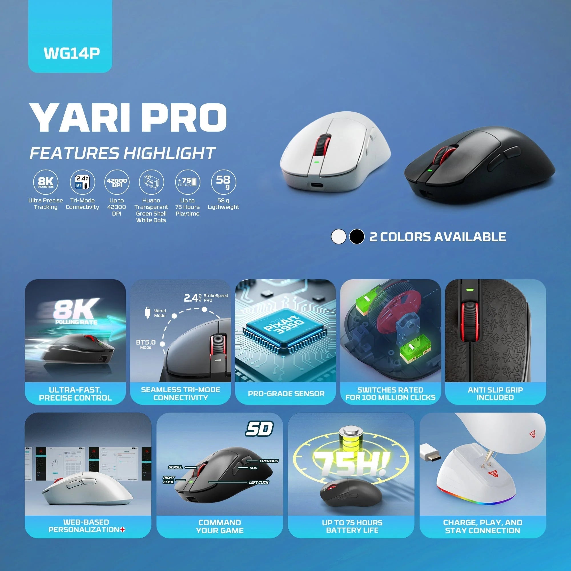 Fantech wg14p lightweight wireless gaming mouse paw3950 sensor 8khz polling mice with rgb charging dock for fps gamers