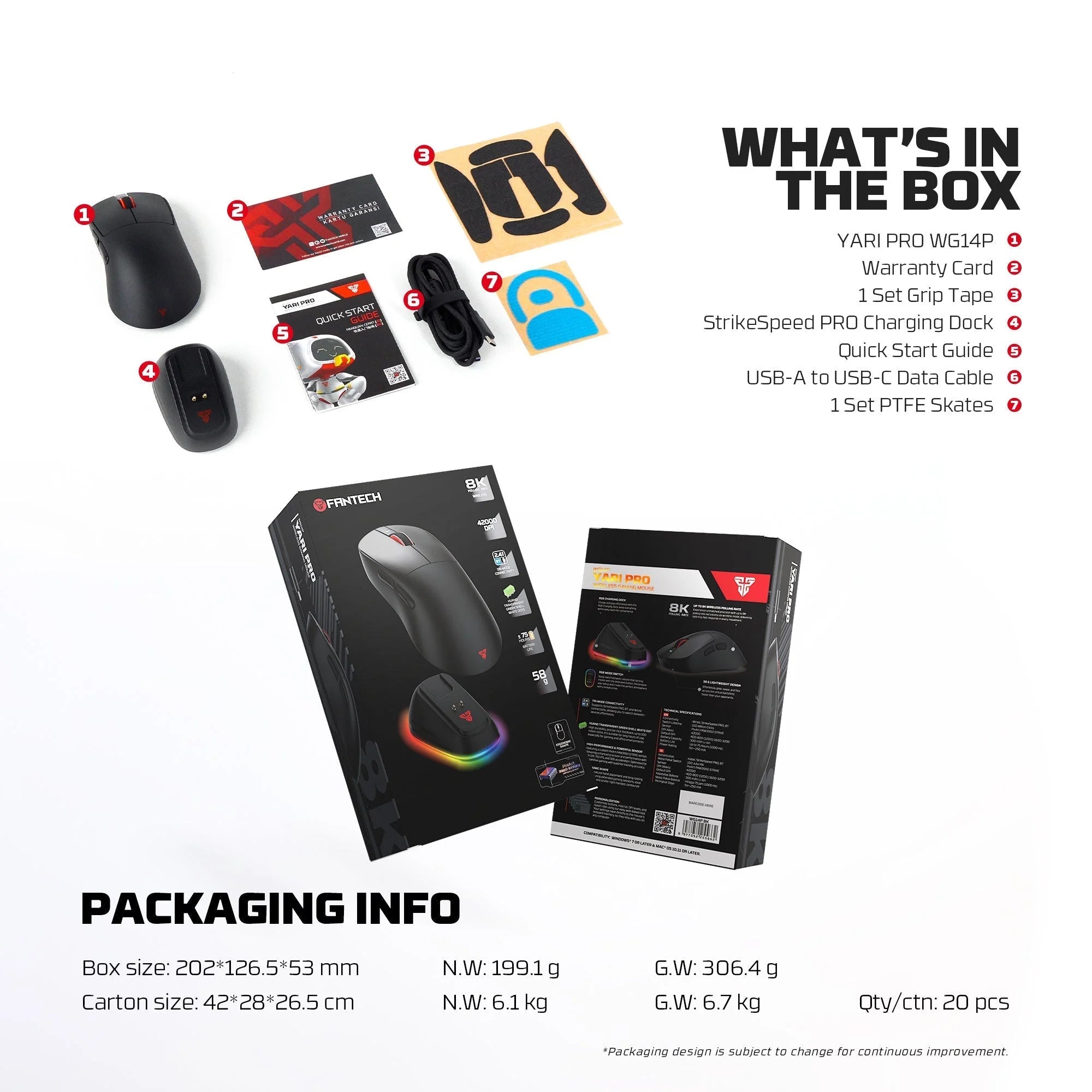 Fantech wg14p lightweight wireless gaming mouse paw3950 sensor 8khz polling mice with rgb charging dock for fps gamers