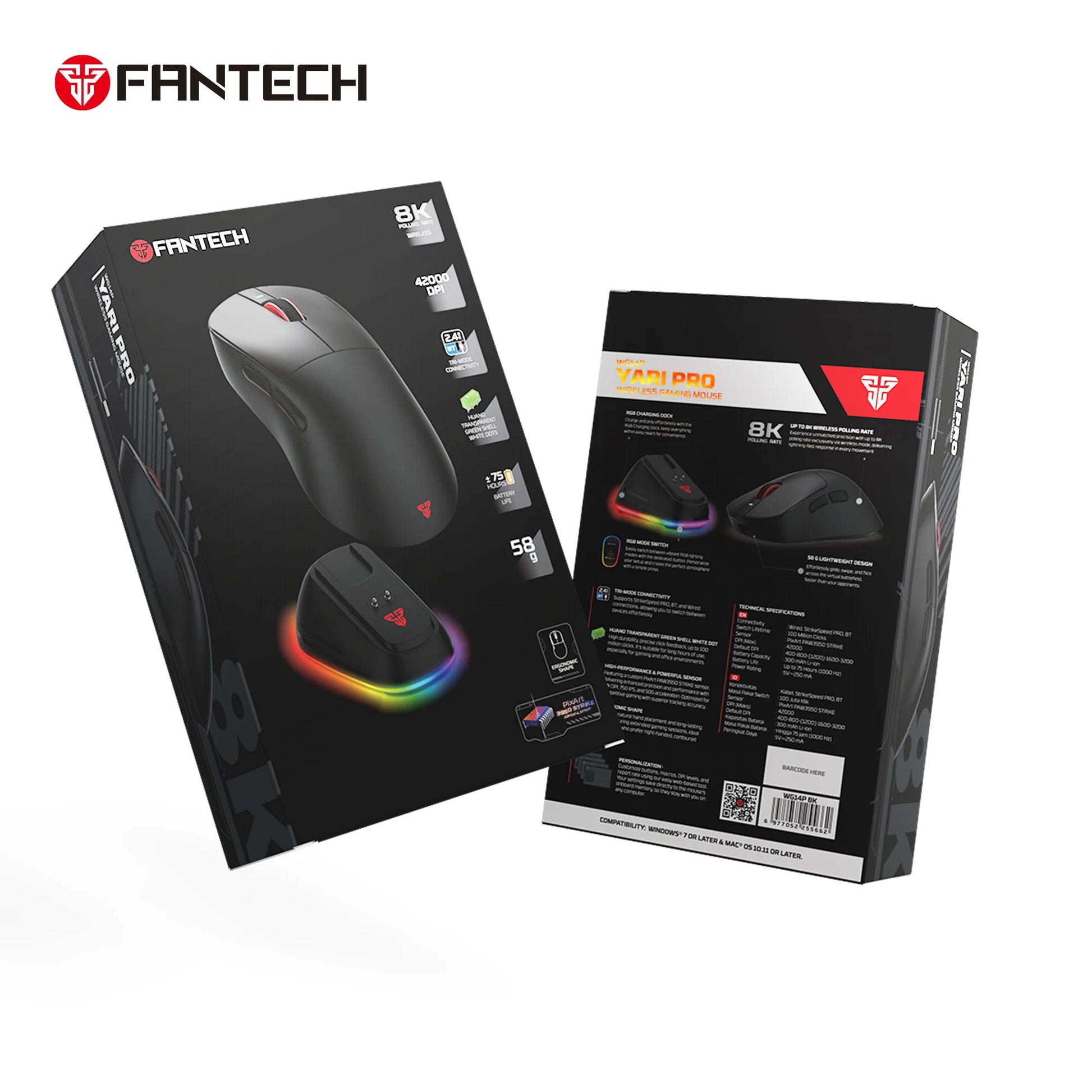 Fantech wg14p lightweight wireless gaming mouse paw3950 sensor 8khz polling mice with rgb charging dock for fps gamers