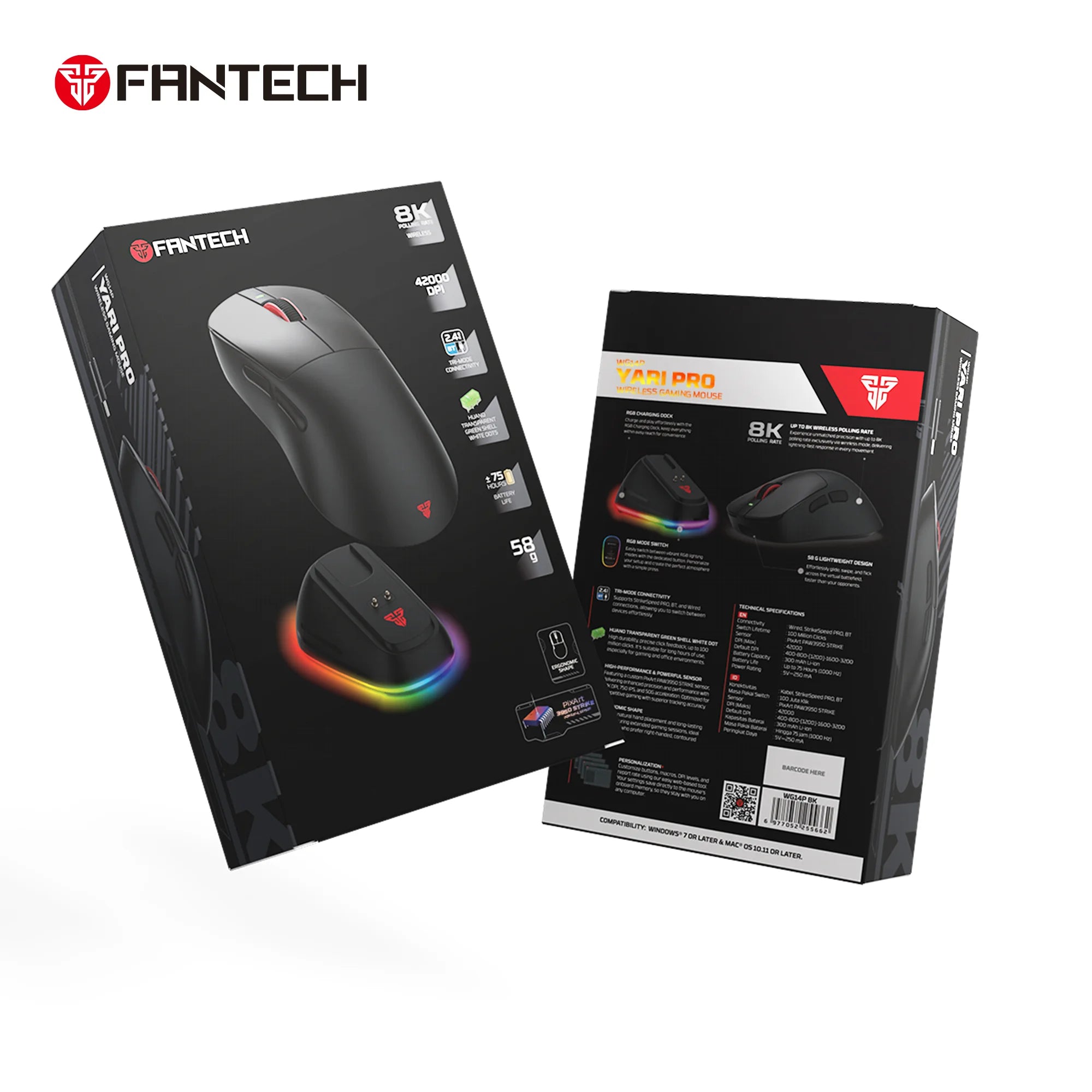Fantech wg14p lightweight wireless gaming mouse paw3950 sensor 8khz polling mice with rgb charging dock for fps gamers