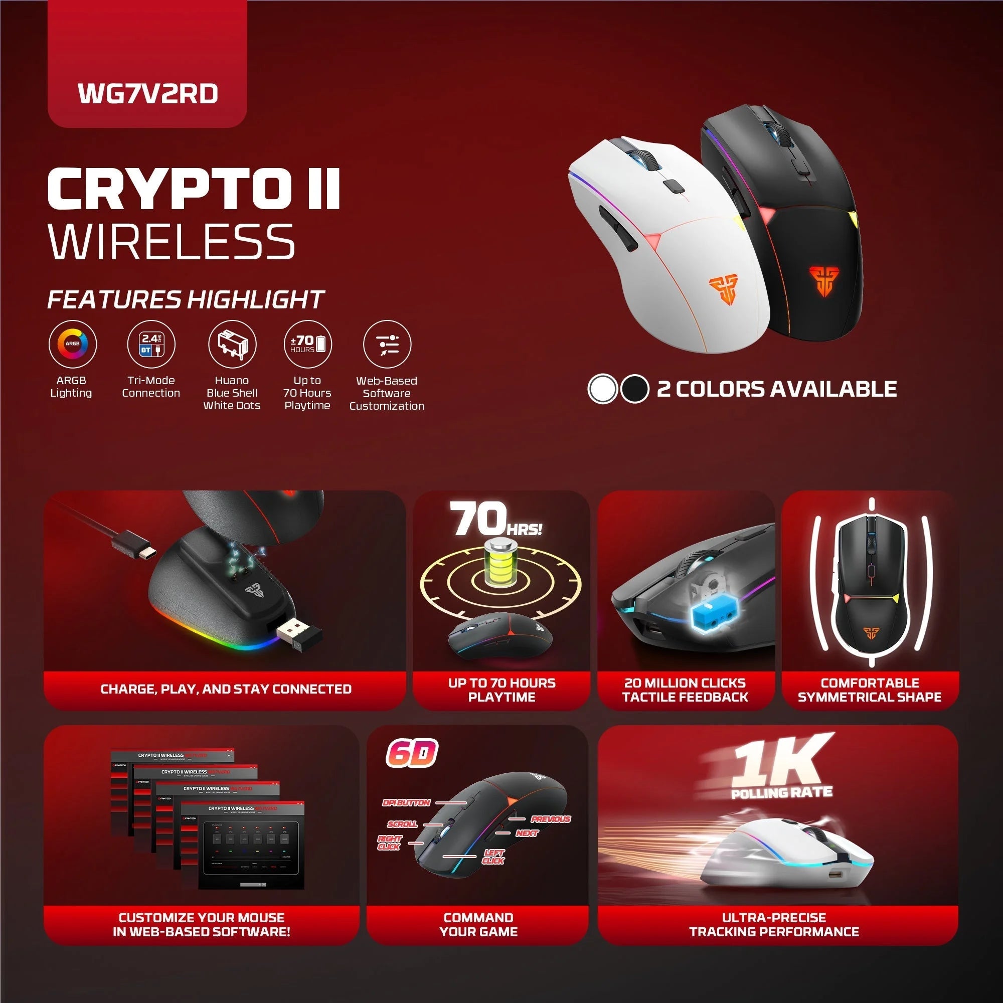 Fantech wg7v2rd crypto ii wireless gaming mouse white