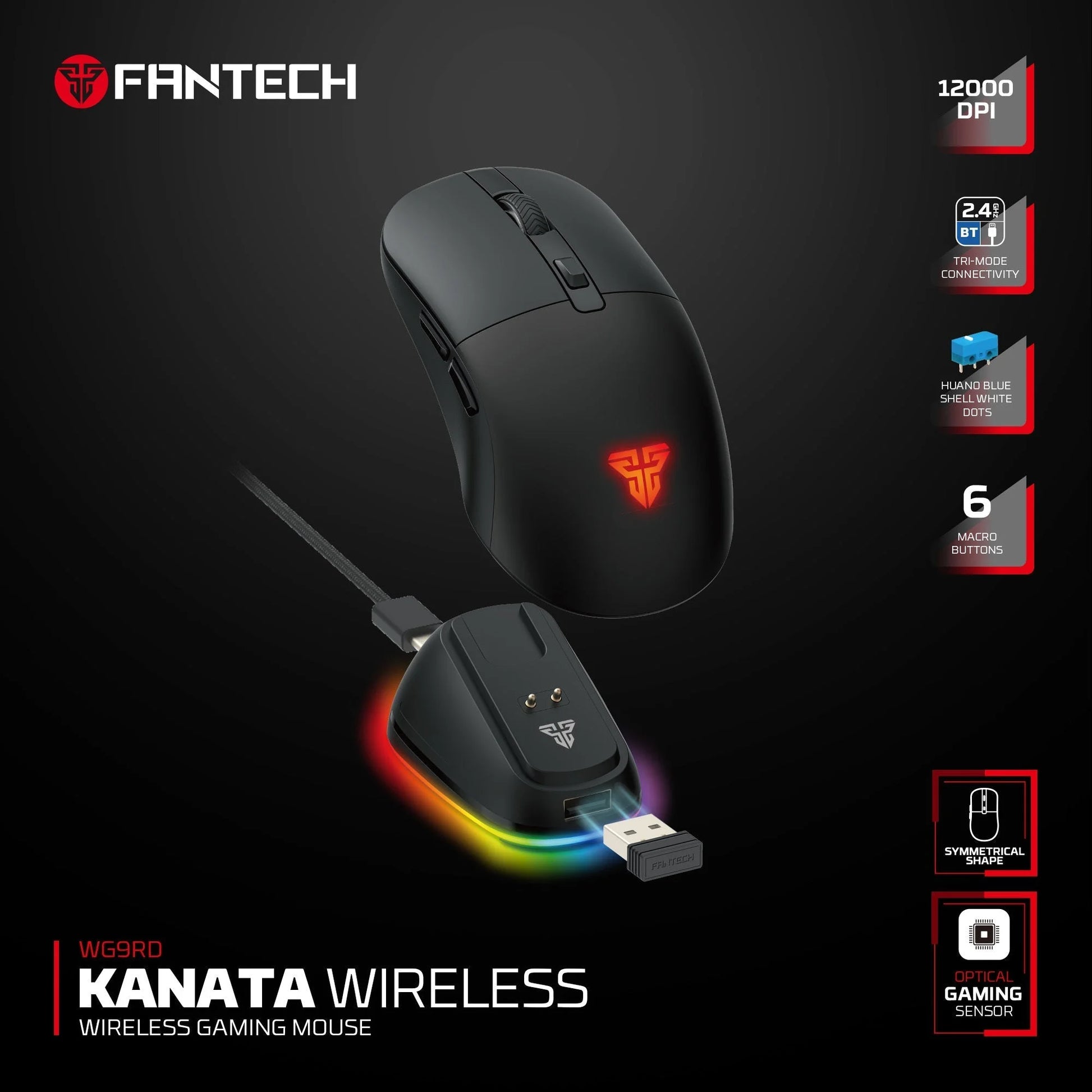 Fantech wg9rd wireless gaming mouse with charging magnetic base three mode 12000dpi customized e-sports gamer mouse