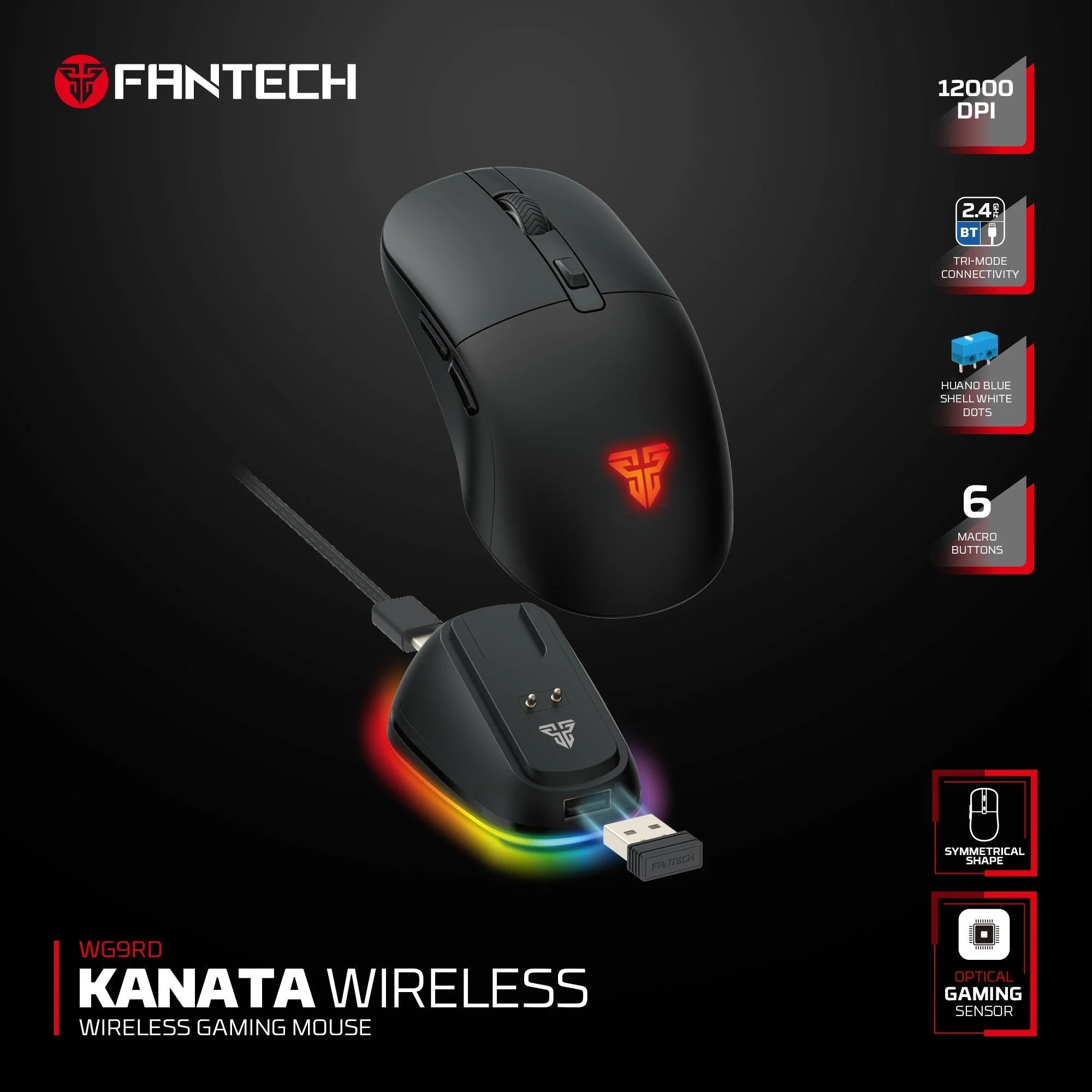 Fantech wg9rd wireless gaming mouse with charging magnetic base three mode 12000dpi customized e-sports gamer mouse