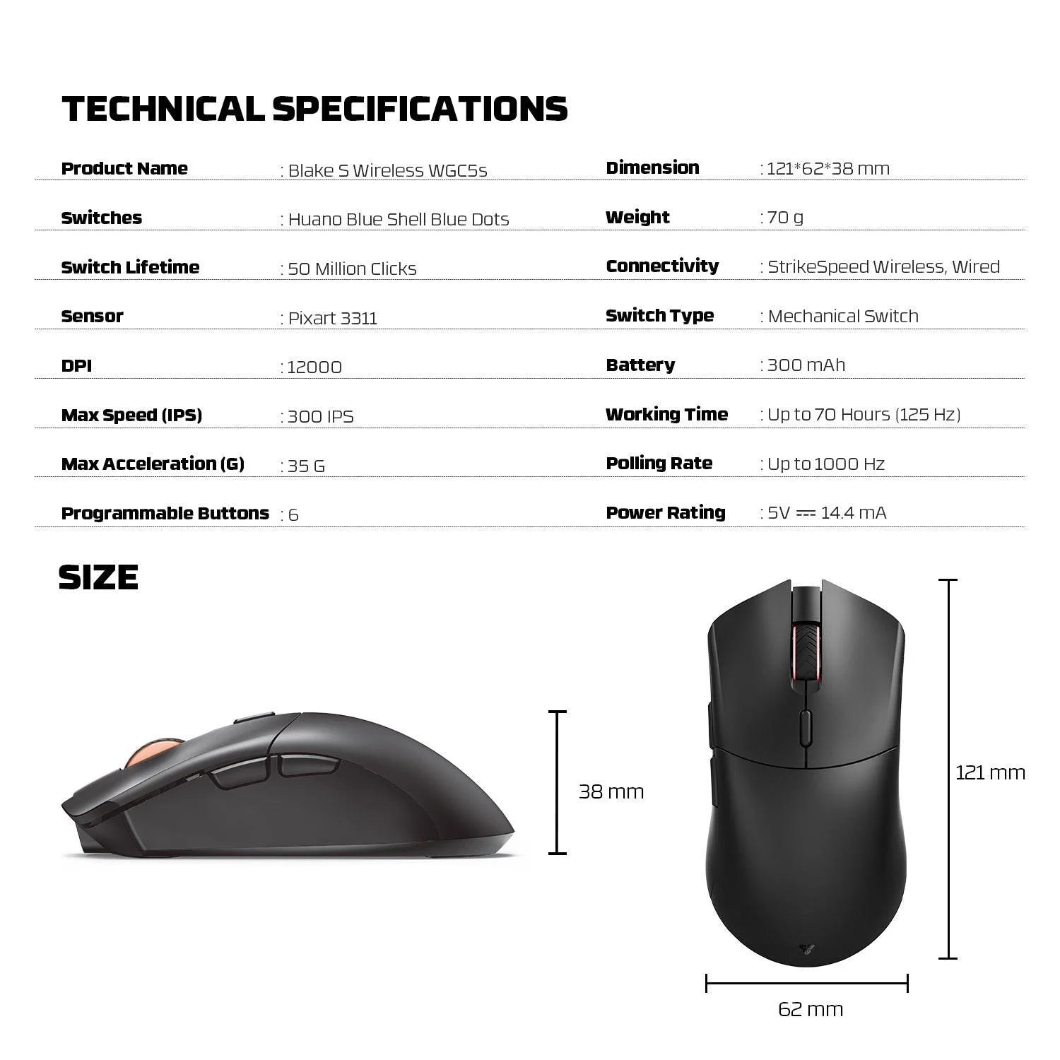 Fantech wgc5s blake s dual mode wireless gaming mouse - black - mouse