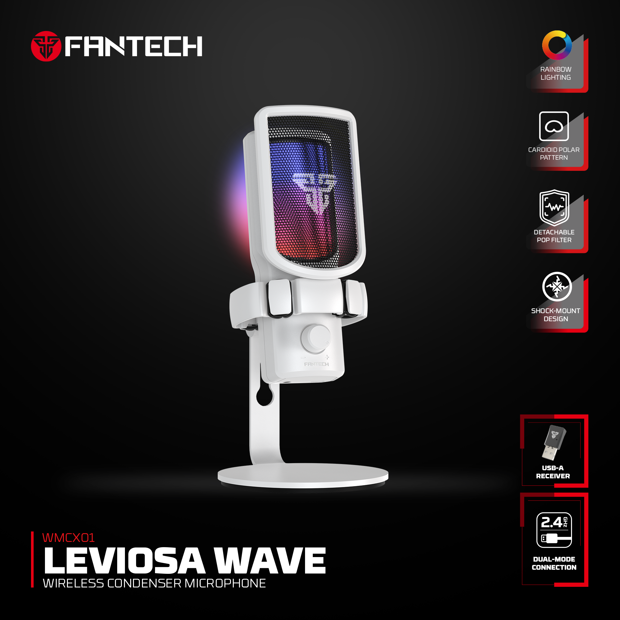 FANTECH WMCX01 LEVIOSA WAVE DUAL-MODE Wireless Condenser Microphone ,White