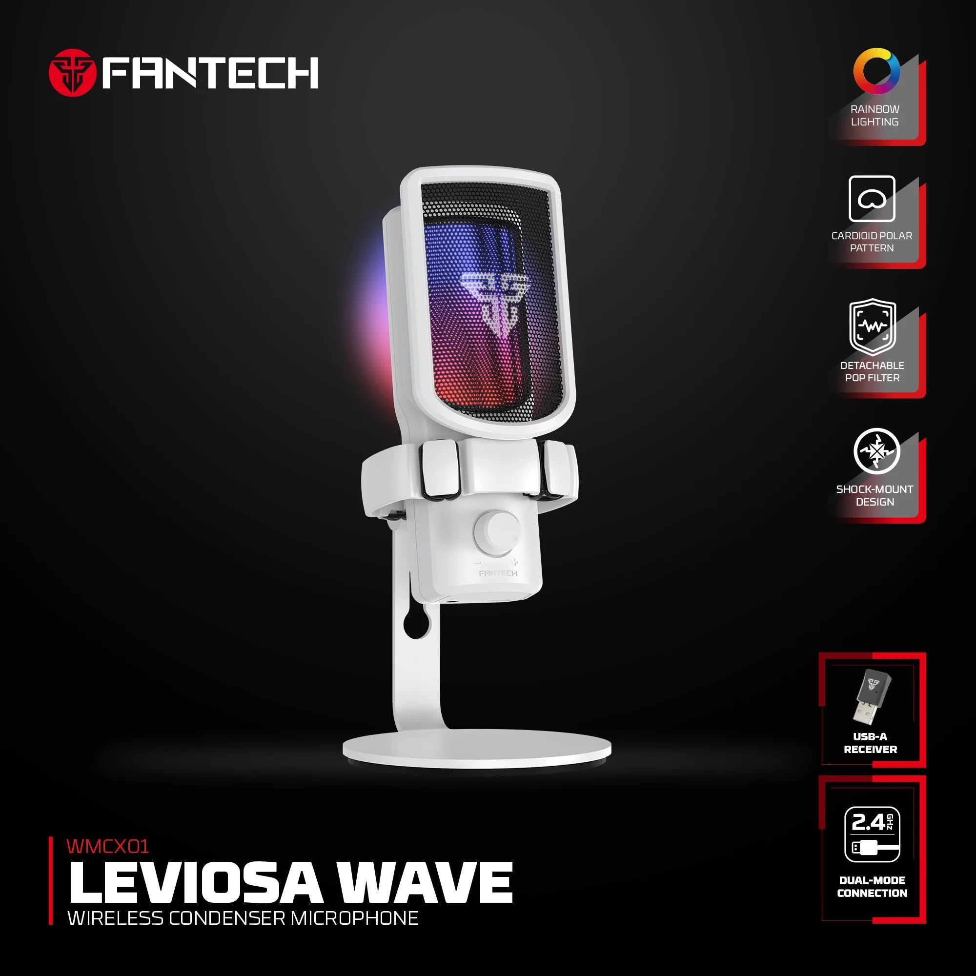 Fantech wmcx01 leviosa wave dual-mode wireless condenser microphone,white - streaming