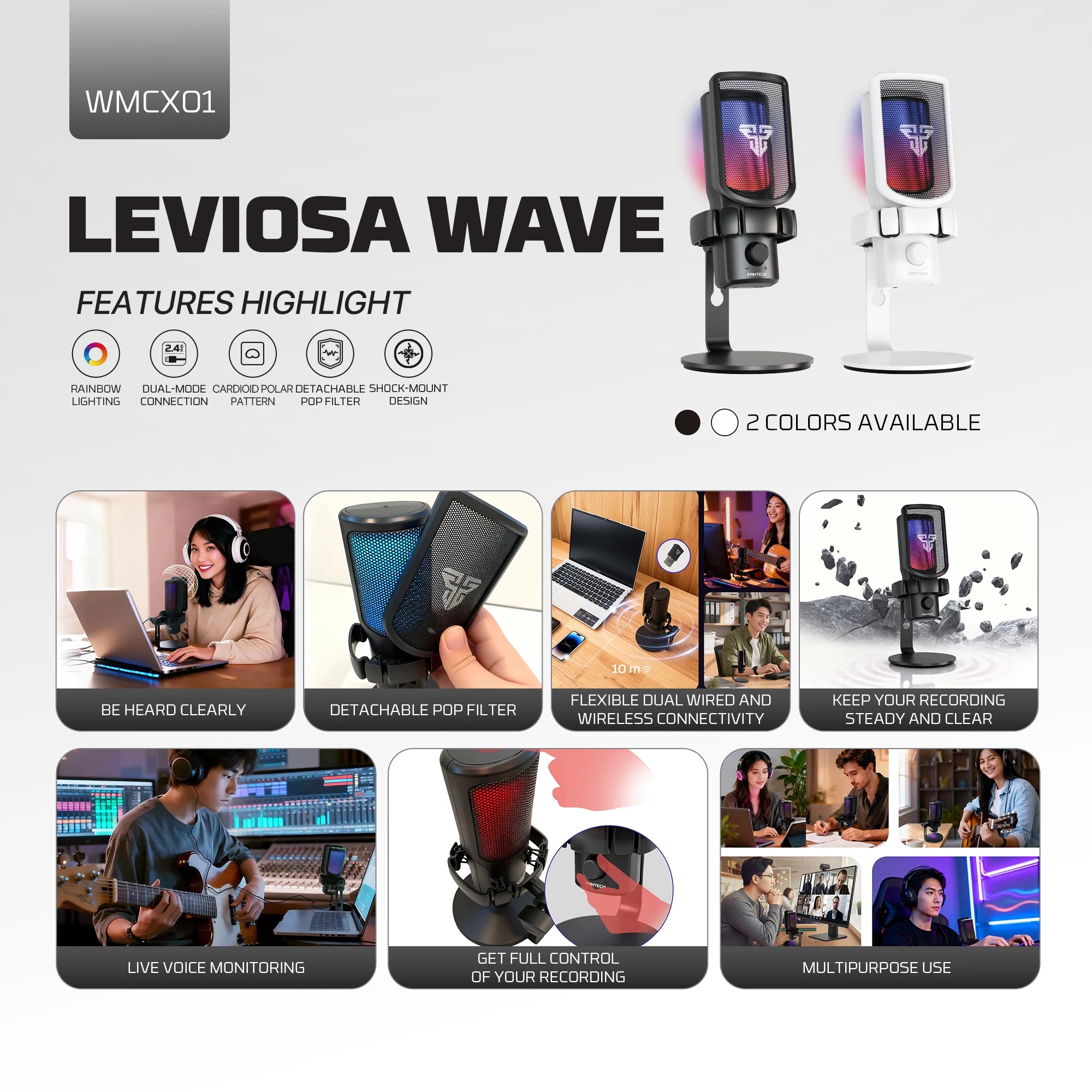 Fantech wmcx01 leviosa wave dual-mode wireless condenser microphone,white - streaming