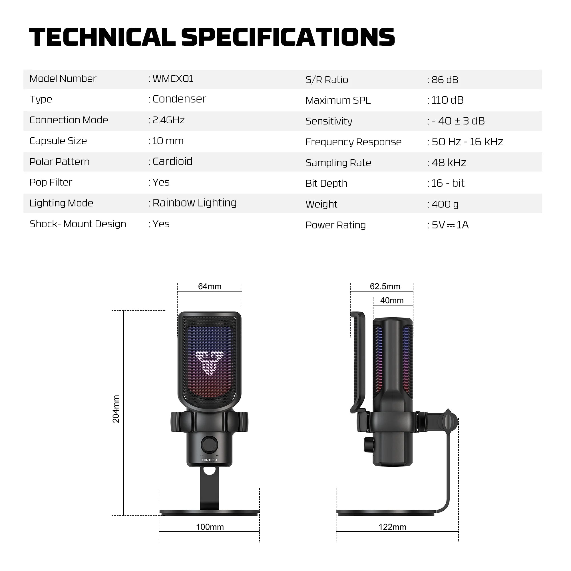 Fantech wmcx01 leviosa wave dual-mode wireless condenser microphone,white - streaming