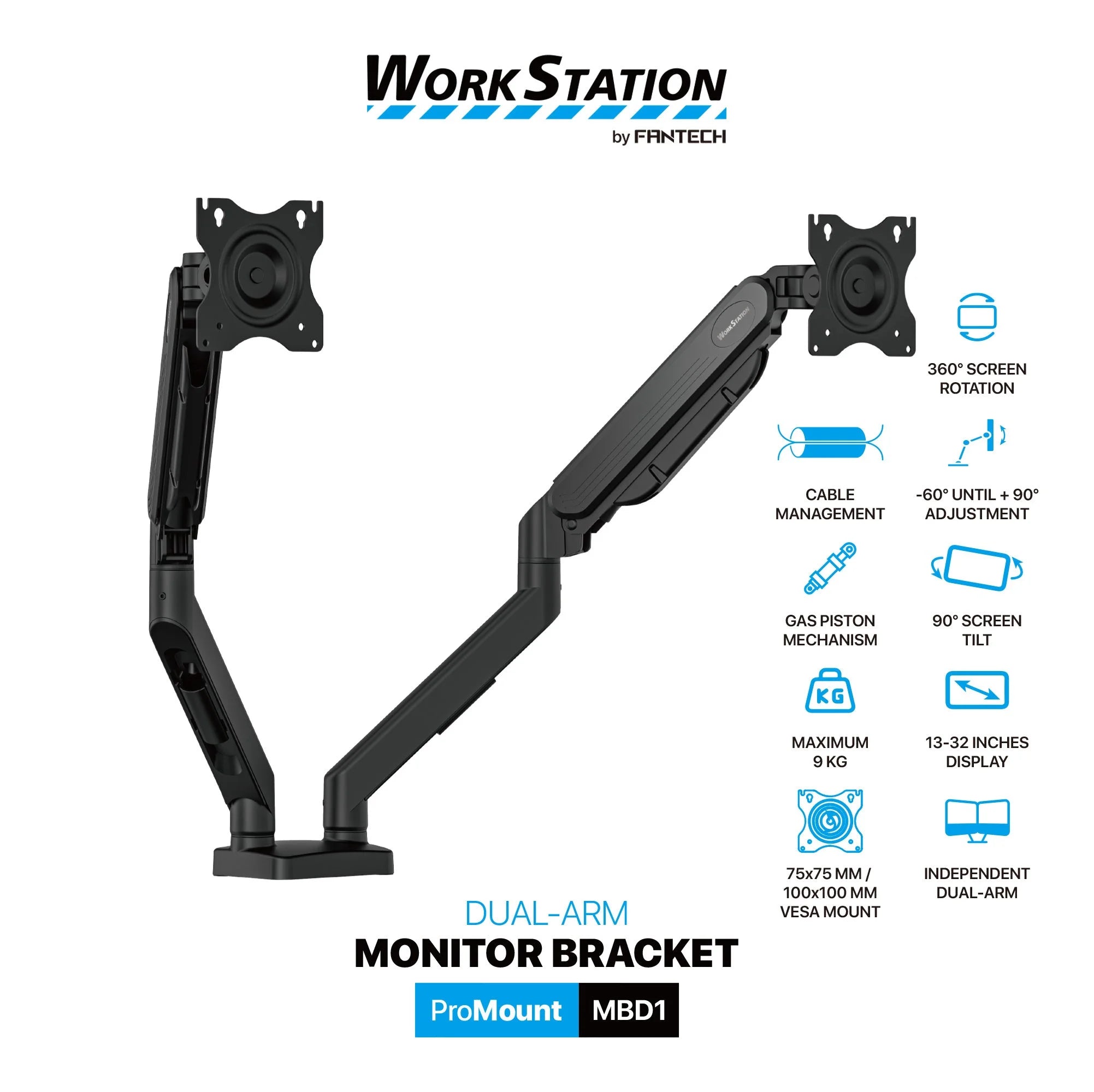 Fantech workstation mbd1 dual-arm monitor mount 90 degree for 13’’ to 32’’ screen adjustable spring dual monitor arm