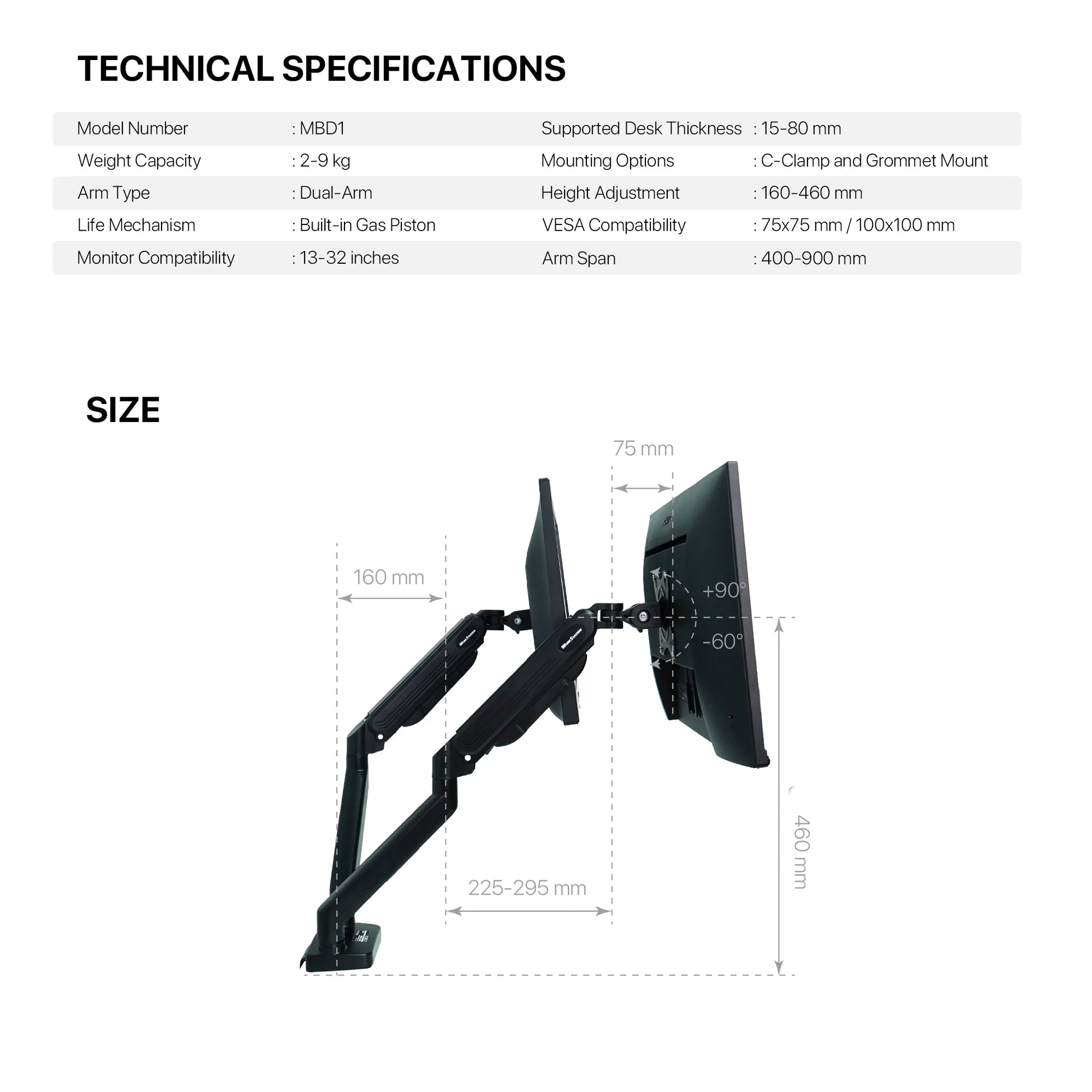 Fantech workstation mbd1 dual-arm monitor mount 90 degree for 13’’ to 32’’ screen adjustable spring dual monitor arm