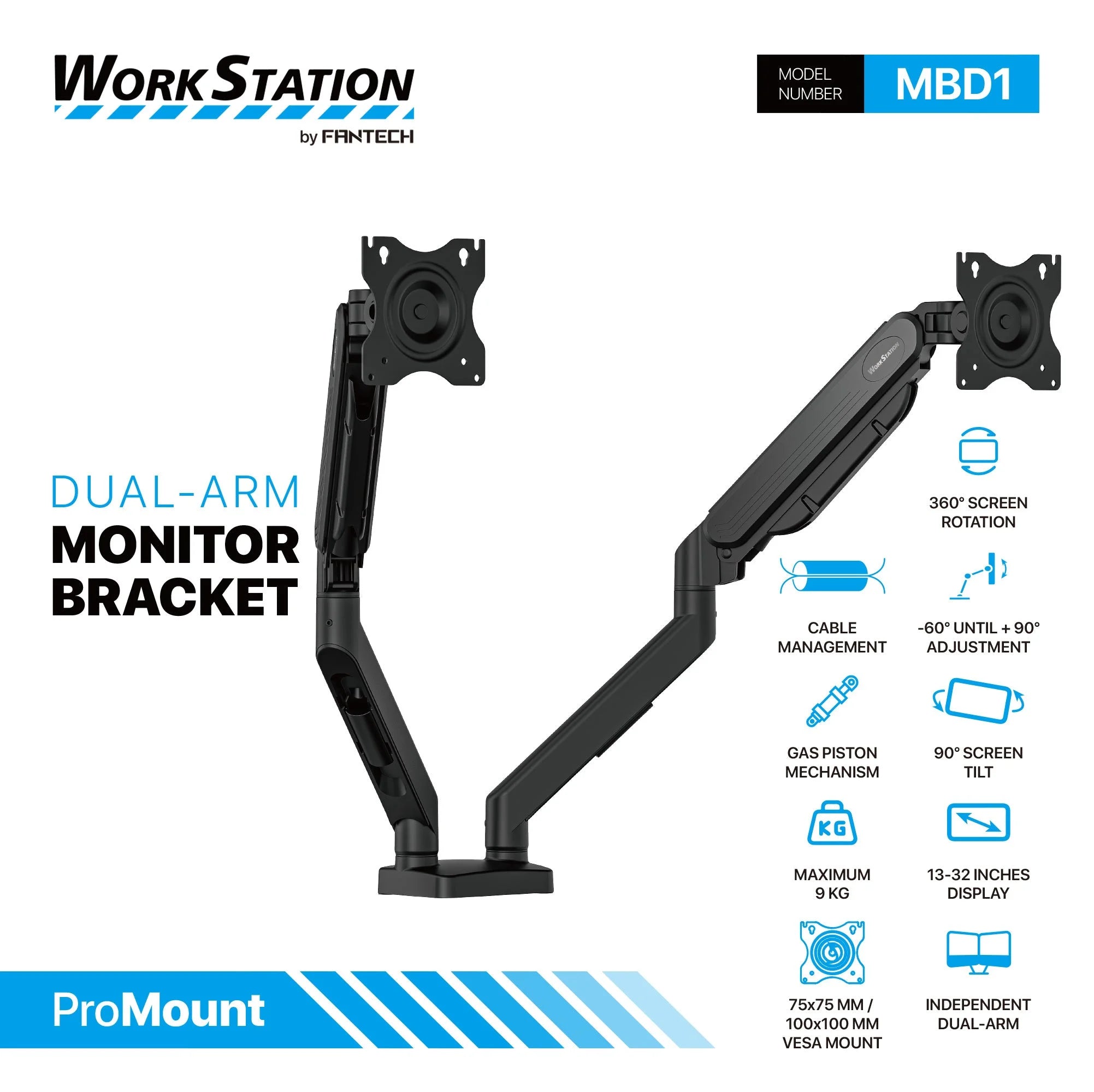 Fantech workstation mbd1 dual-arm monitor mount 90 degree for 13’’ to 32’’ screen adjustable spring dual monitor arm