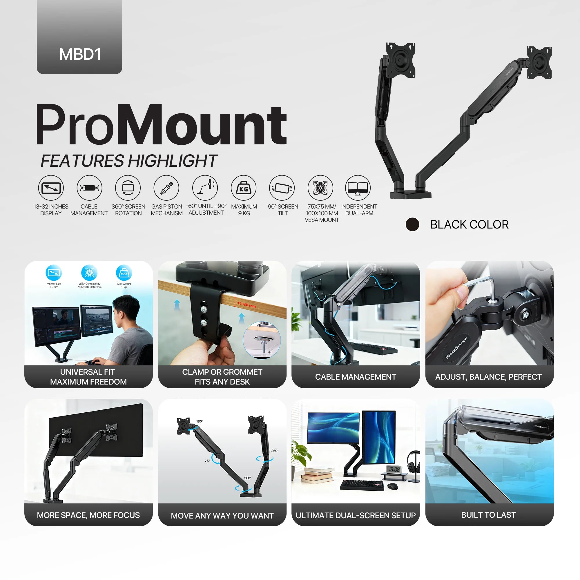 Fantech workstation mbd1 dual-arm monitor mount 90 degree for 13’’ to 32’’ screen adjustable spring dual monitor arm