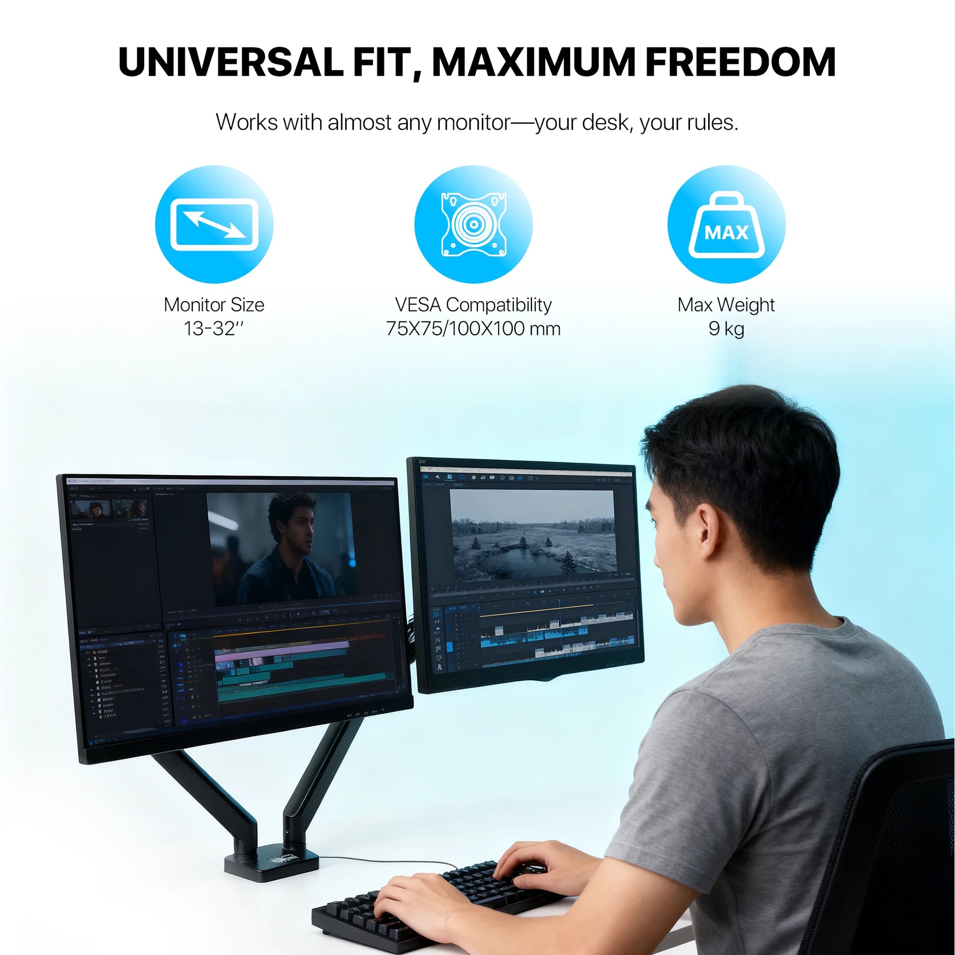 Fantech workstation mbd1 dual-arm monitor mount 90 degree for 13’’ to 32’’ screen adjustable spring dual monitor arm