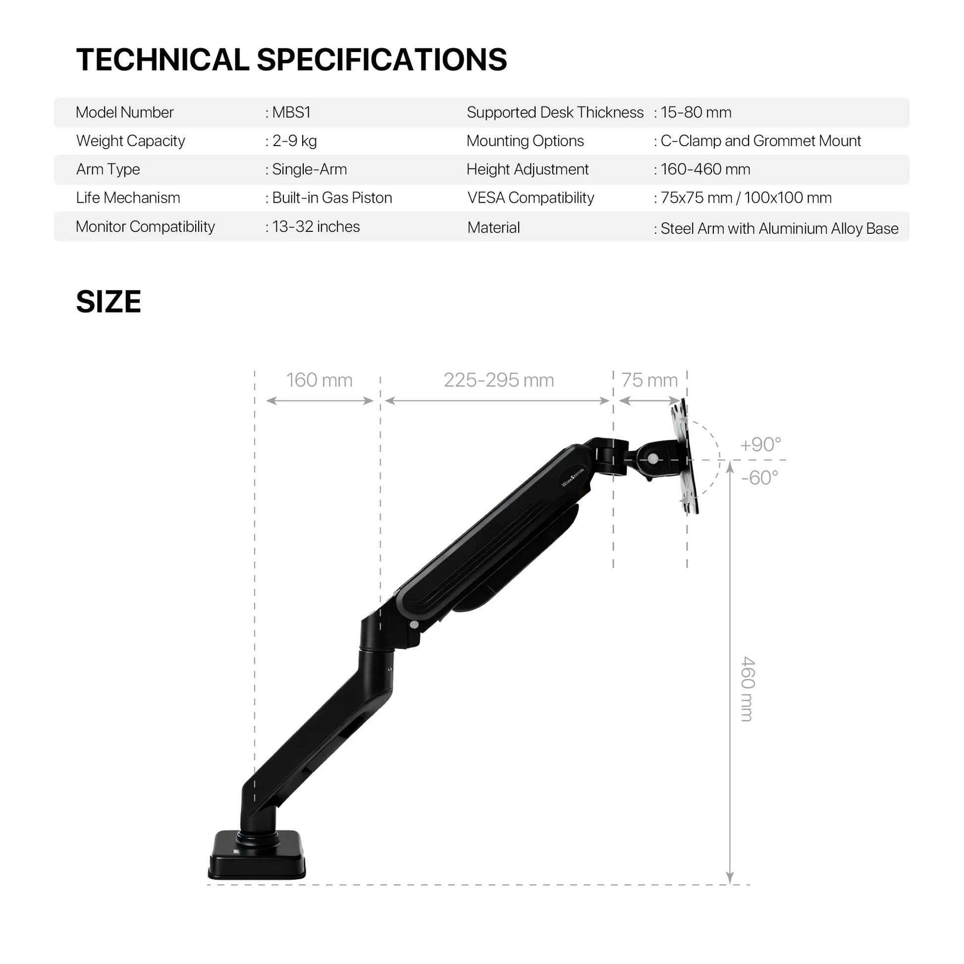 Fantech workstation mbs1 single-arm monitor mount 90 degree for 13’’ to 32’’ screen adjustable spring dual monitor arm