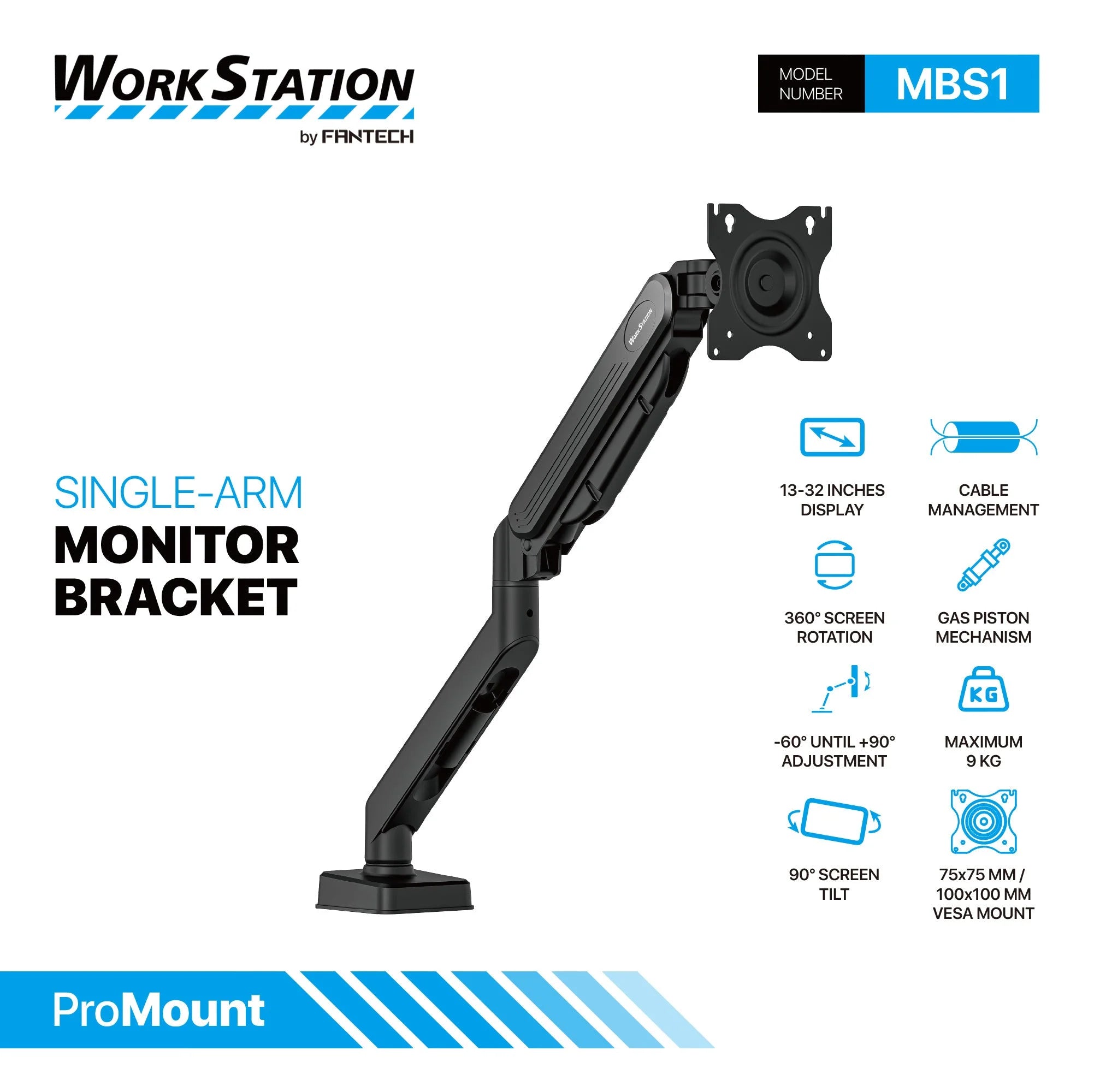 Fantech workstation mbs1 single-arm monitor mount 90 degree for 13’’ to 32’’ screen adjustable spring dual monitor arm